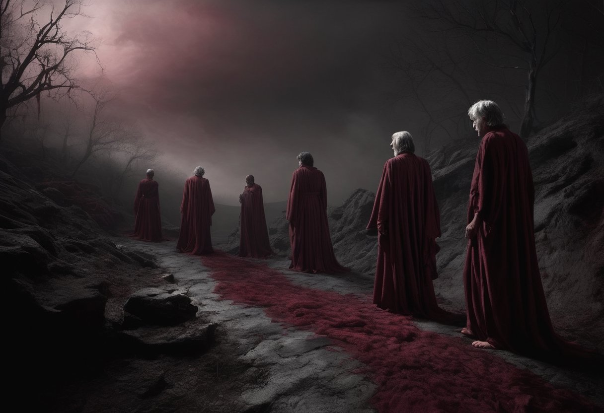 In this contemporary concept art photograph, we descend into Dante's "Inferno." A somber palette of deep burgundy and charcoal paints the grim landscape of Limbo. Souls, yearning for salvation, cast eerie shadows. Classical philosophers, Plato and Aristotle, emerge from the obscurity, illuminated by a ghostly, soft light. The image marries modern aesthetics with timeless themes, capturing their flowing robes and ethereal essence. It's a portal to Dante's world through a contemporary lens, weaving a bridge across eras while preserving the enduring intrigue of the human soul's harrowing journey through the afterlife.