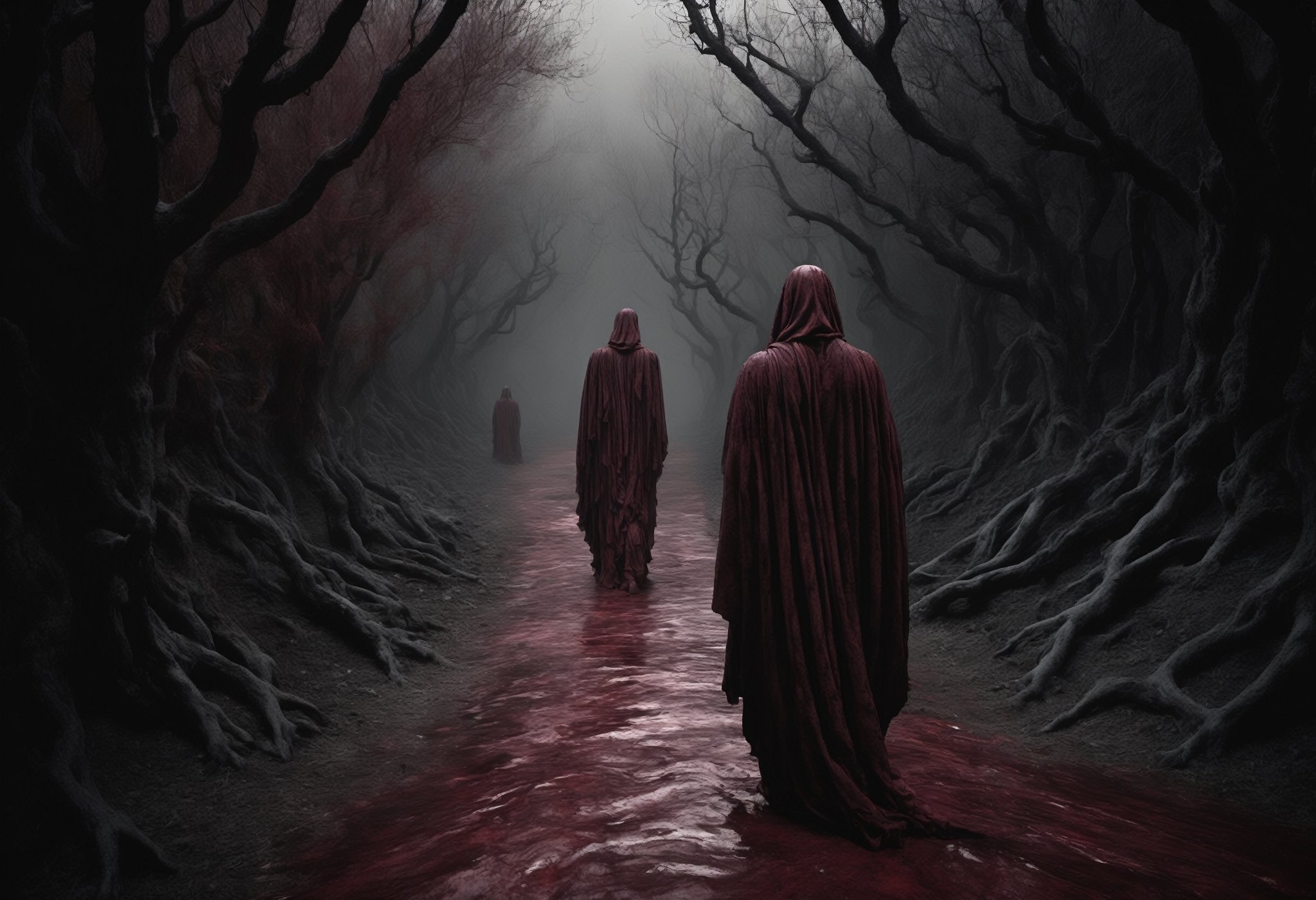 In this contemporary concept art photograph, we descend into Dante's "Inferno." A somber palette of deep burgundy and charcoal paints the grim landscape of Limbo. Souls, yearning for salvation, cast eerie shadows. Classical philosophers, Plato and Aristotle, emerge from the obscurity, illuminated by a ghostly, soft light. The image marries modern aesthetics with timeless themes, capturing their flowing robes and ethereal essence. It's a portal to Dante's world through a contemporary lens, weaving a bridge across eras while preserving the enduring intrigue of the human soul's harrowing journey through the afterlife.