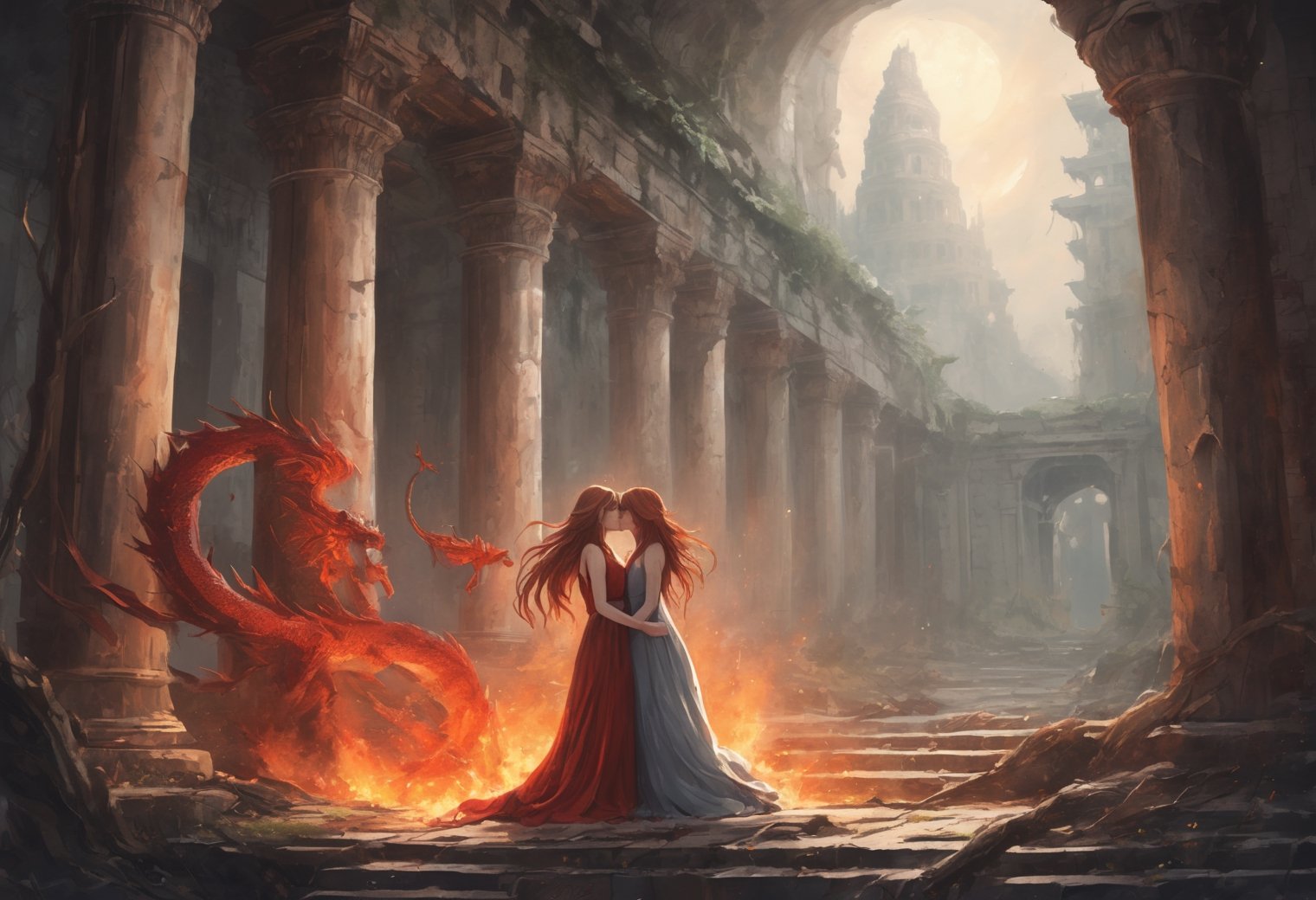 In a washed-out watercolor style, two girls with glowing hair, one white and one red, hug and kiss in the ruins of an ancient temple. The temple is bathed in soft light from a nearby fire, and the girls' clothes are ripped and stained. The scene is mysterious and atmospheric, with a long fire dragon circling overhead. BREAK The girls are young and beautiful, with innocent faces and shining eyes. The temple is overgrown with vines and moss, and the ruins are crumbling. The fire dragon is a symbol of power and danger, but it also seems to be protecting the girls. The circle on the ground is a magical symbol, and the dripping paint suggests that the girls are creating something new and powerful. BREAK The overall atmosphere of the painting is one of hope, love, and magic. It is a reminder that even in the darkest of times, there is always beauty and possibility.