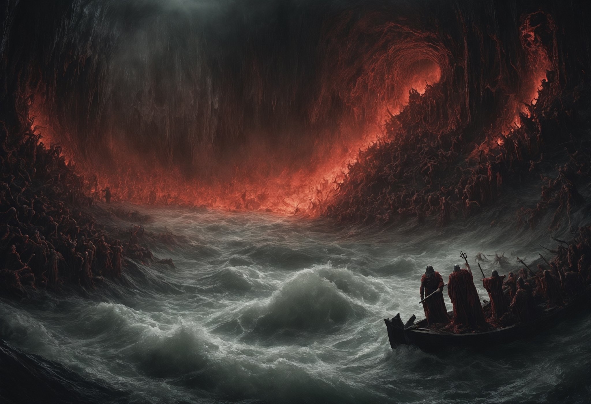 In this nightmarish photograph, Dante's fifth circle of Hell is unveiled—a chilling domain of Wrath. Upon the turbulent surface of the River Styx, the wrathful souls wage ceaseless war, their furious battles a ghastly spectacle. Meanwhile, submerged beneath its murky depths, the sullen souls languish in a watery tomb of perpetual gloom. The haunting scene depicts a relentless cycle of rage and apathy, where anger's fiery fury and numbing indifference converge to ensnare tormented souls in a timeless abyss of suffering.