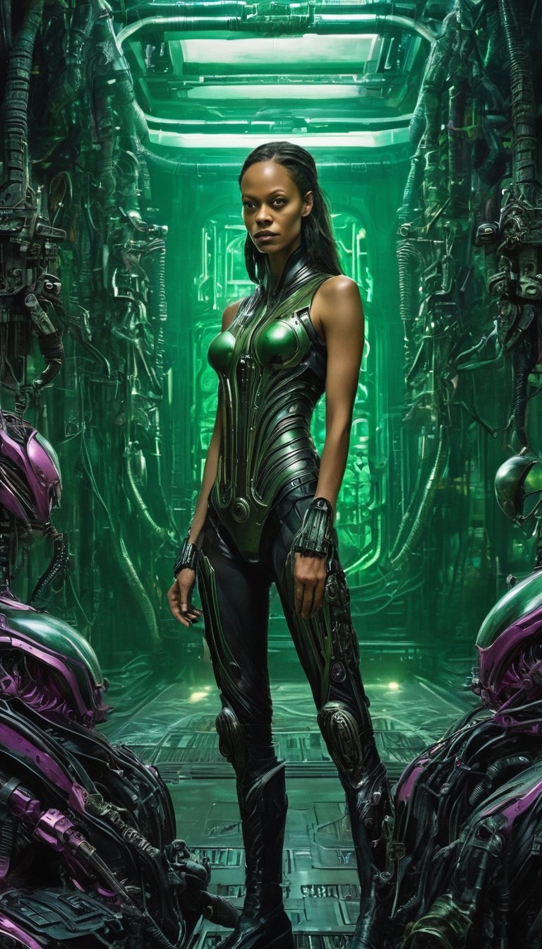 In a nightmarish biomechanical realm inspired by H.R. Giger, Zoe Saldana embodies a fearsome cyborg assassin. Sinister biomechanical structures envelop her as she gazes toward the viewer. Her face implants mirror the eerie, greenish light, imbuing an otherworldly aura. The detailed backdrop is a surreal cyberpunk weapon shop with an epic composition that conjures a feeling of dread, all in shades of light magenta and green.