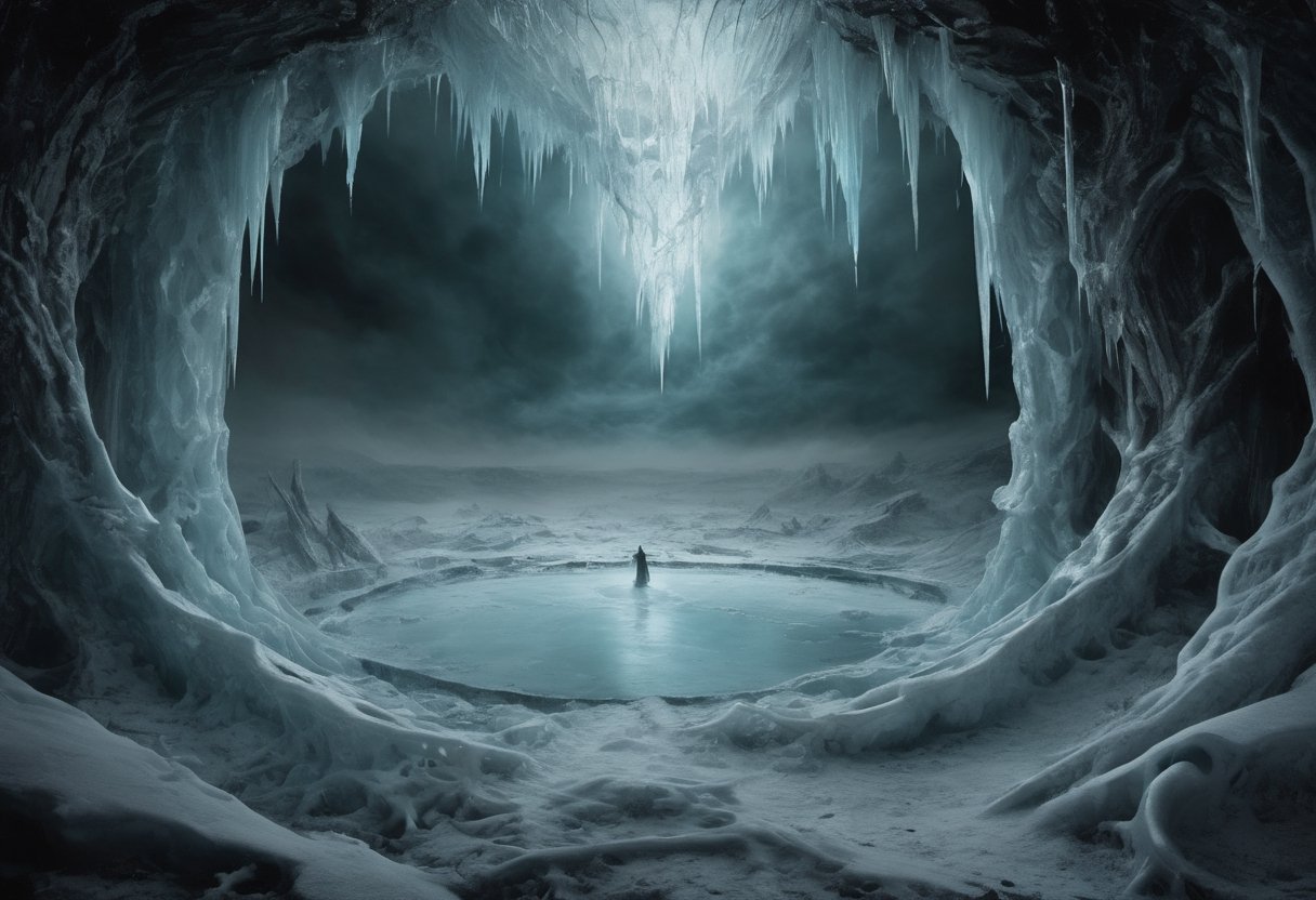 In this bone-chilling photograph, the ninth circle of Hell, Cocytus, reveals its icy heart—a forsaken wasteland where treachery consumes the soul. A frozen lake, shrouded in darkness, cradles the damned. Sinners, betrayed by their very essence, lie entombed in the unforgiving ice. This spectral realm, divided into four insidious regions, is a symphony of betrayal's depths. Here, Brutus, Cassius, and Satan himself are trapped in the frozen abyss. It's a haunting image of eternal suffering, where treachery's icy grasp never relents, and the soul withers in the void of ultimate betrayal.