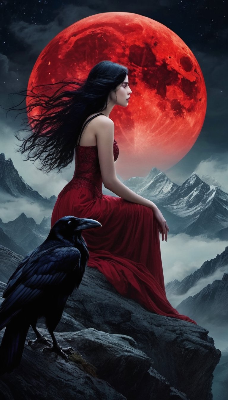 In a scene reminiscent of a fairy tale, an exquisite young woman with raven-black hair and a porcelain complexion finds herself atop a mountain peak, where she encounters a nightmarish horror beast. The beast's twisted form, illuminated by a blood-red moon, is the stuff of nightmares. Yet, in a surprising turn of events, the girl, with a look of compassion in her eyes, leans in to kiss the beast's monstrous snout. The eerie moonlight bathes the scene in an unsettling crimson glow, creating a captivating juxtaposition of beauty and terror.