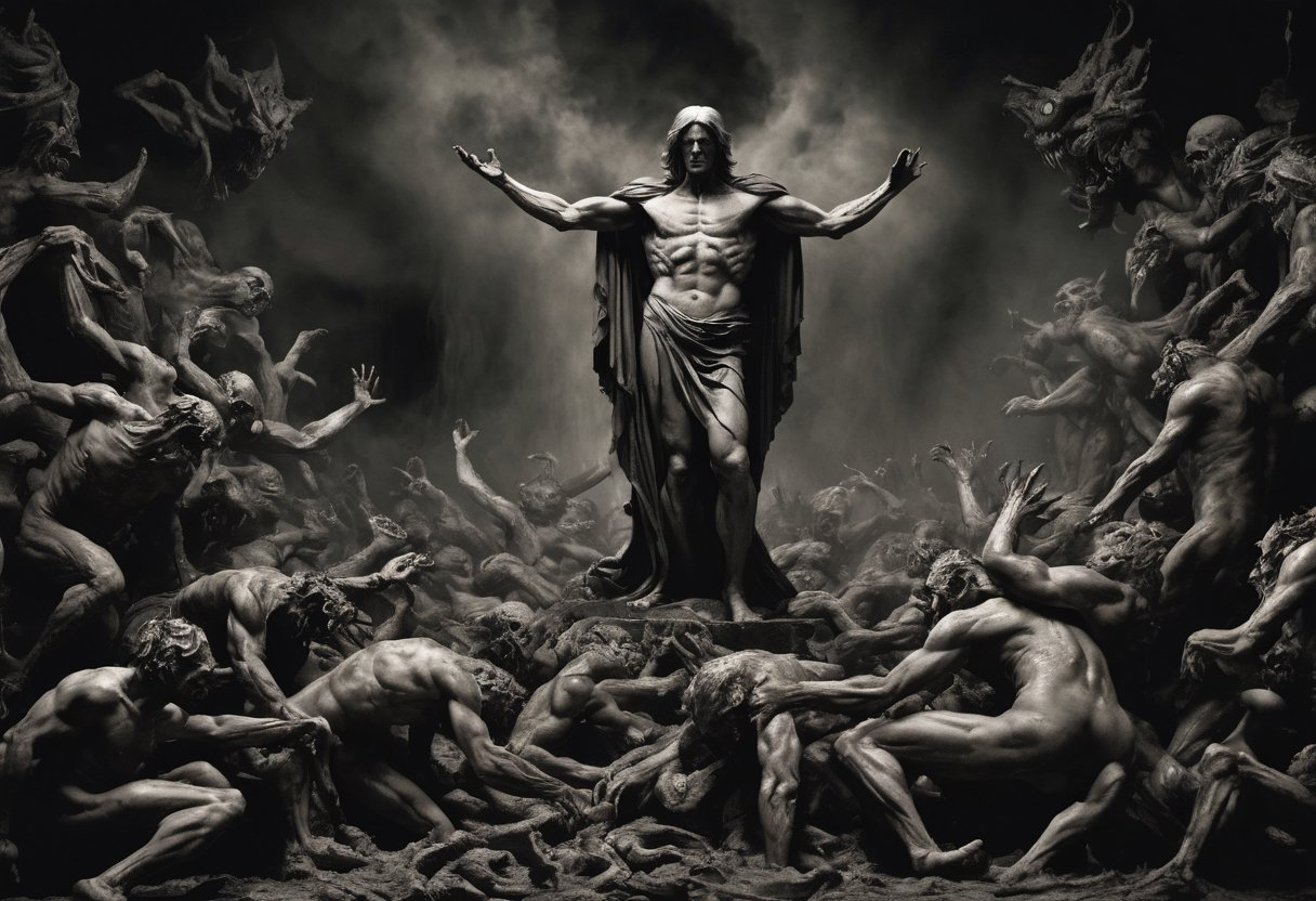 In this chilling photograph, Dante's fourth circle of Hell unfolds—a nightmarish theater of insatiable Greed. Twisted souls, eternally trapped, are separated into warring factions. Each group endlessly shoves colossal burdens, driven by their relentless thirst for wealth. A cacophony of curses and taunts fills the air as they collide in an unending frenzy. The malevolent presence of Plutus, the god of wealth, looms ominously. This image is a stark reminder of the haunting consequences of unquenchable greed, a nightmare etched in suffering and avarice.