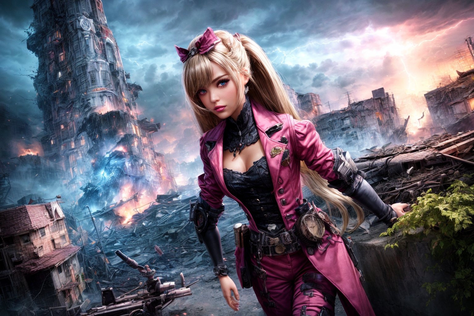 ((steampunk barbie) wearing a (pink suit:1.2):1.2), (in front of a postapocalyptic steampunk city, exploration, cinematic, realistic, hyper detailed, photorealistic maximum detail, volumetric light, (((focus))), wide-angle, (((brightly lit))), (((vegetation))), lightning, vines, destruction, devastation, wartorn, ruins, complicated_background), cinematic lighting, octane render, higly detailed, high resolution illustration, intricate details, best illumination, best shadow, cinematic lighting, dark, epic composition