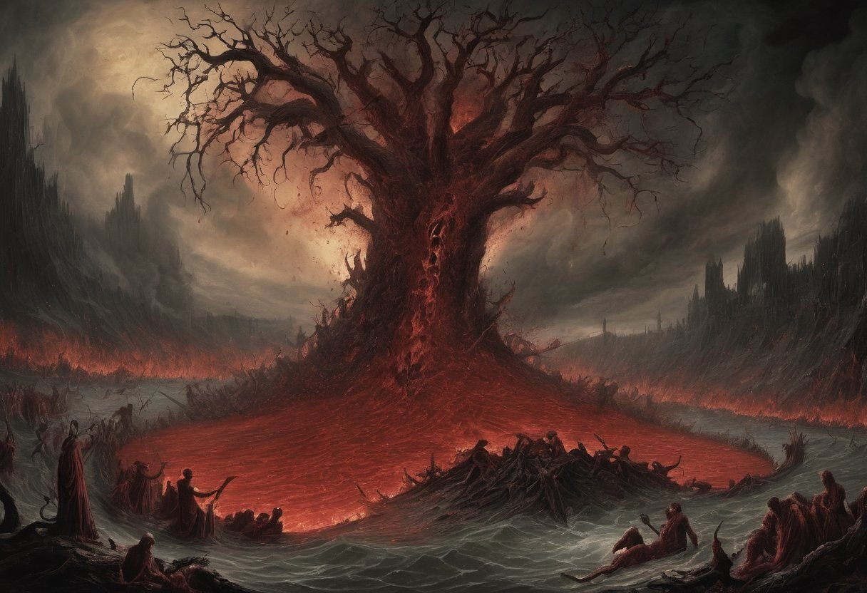 In this harrowing photograph, we step into Dante's seventh circle of Hell—a nightmarish realm where Violence reigns supreme. Three concentric rings of torment unfold before our eyes, each more horrifying than the last. The first, a river of boiling blood, engulfs murderers and tyrants, their agonized faces forever submerged. In the second, tortured trees bear the souls of suicides, torn asunder by remorseless harpies. The third, a fiery deluge, rains down upon blasphemers and sodomites. This chilling tableau captures the wretched agony of sins against others, oneself, and God, a relentless symphony of torment.