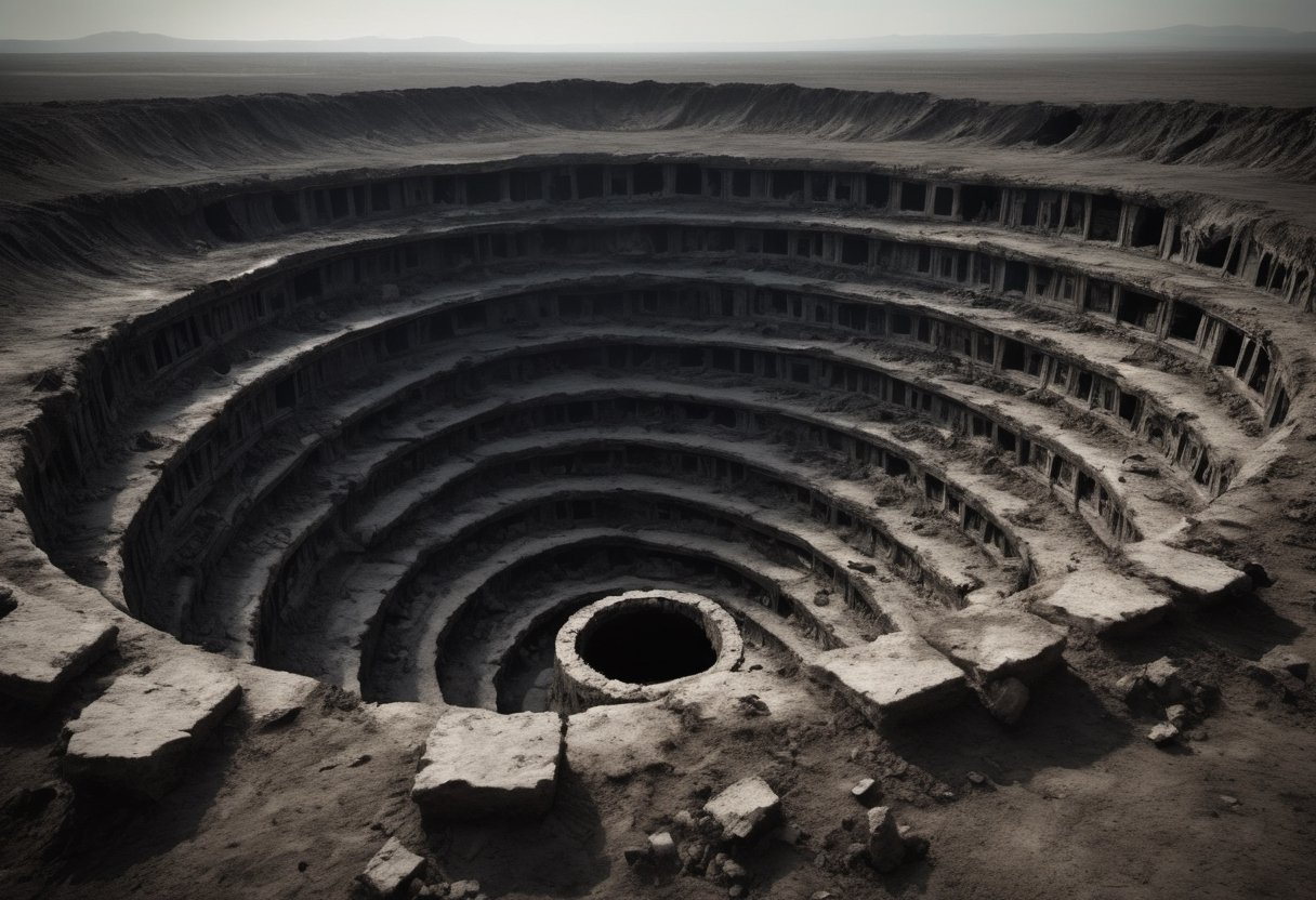 In this nightmarish photograph, the eighth circle of Hell is unveiled—a forsaken wasteland where treachery consumes the soul. Ten concentric ditches carve a hellish pit, each a twisted realm of treachery and deceit. Sinners writhe in torment, whipped by demons, immersed in filth, or imprisoned in burning tombs, their agony tailored to their perfidious acts. It's a haunting tableau of duplicity, a grotesque symphony of fraud and malevolence, where the vilest secrets of the human soul are eternally exposed in the unforgiving spotlight of hellfire.