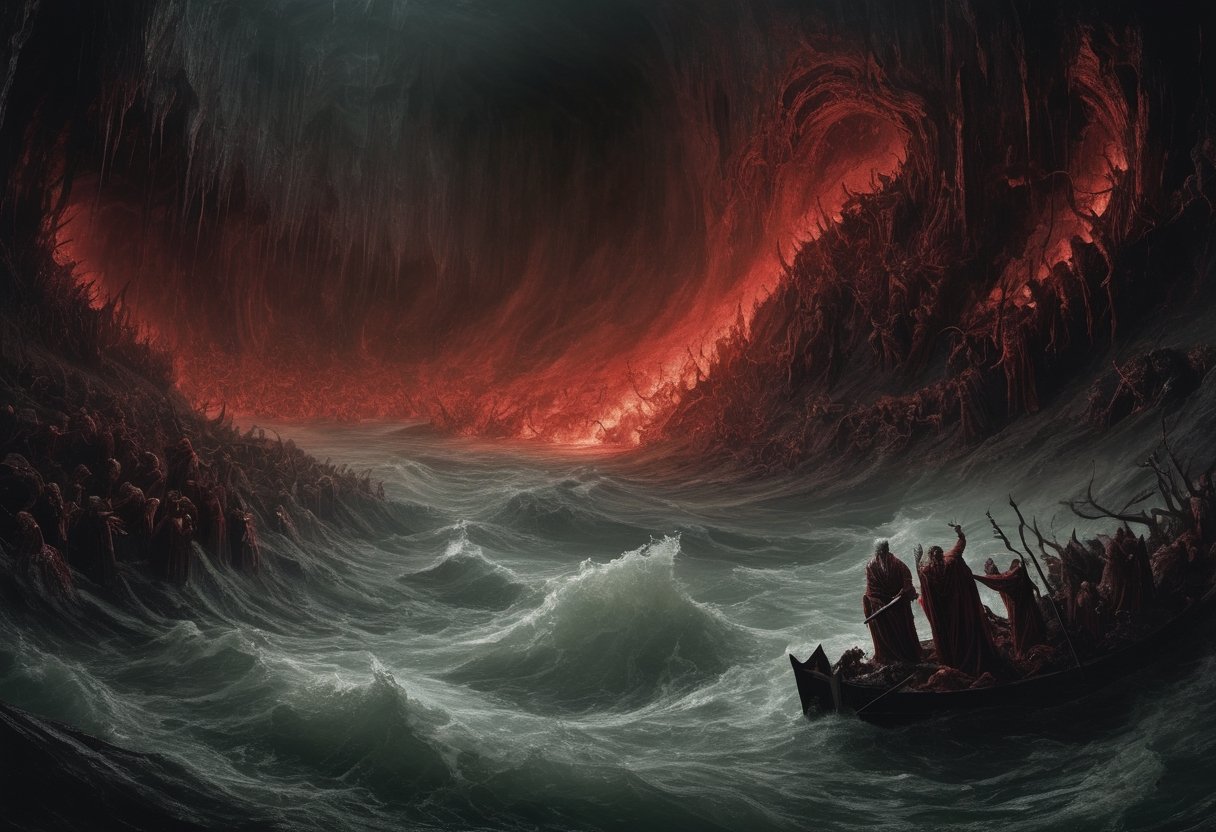 In this nightmarish photograph, Dante's fifth circle of Hell is unveiled—a chilling domain of Wrath. Upon the turbulent surface of the River Styx, the wrathful souls wage ceaseless war, their furious battles a ghastly spectacle. Meanwhile, submerged beneath its murky depths, the sullen souls languish in a watery tomb of perpetual gloom. The haunting scene depicts a relentless cycle of rage and apathy, where anger's fiery fury and numbing indifference converge to ensnare tormented souls in a timeless abyss of suffering.