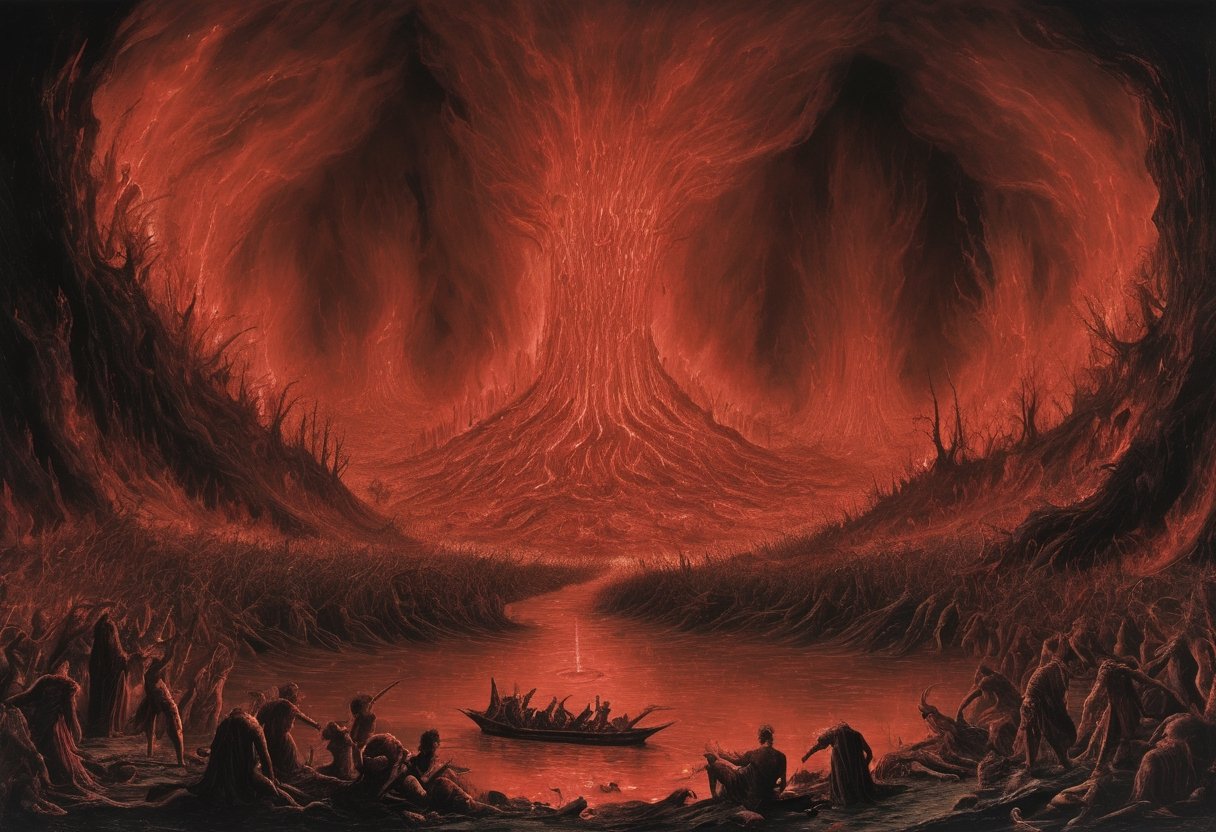 In this harrowing photograph, we step into Dante's seventh circle of Hell—a nightmarish realm where Violence reigns supreme. Three concentric rings of torment unfold before our eyes, each more horrifying than the last. The first, a river of boiling blood, engulfs murderers and tyrants, their agonized faces forever submerged. In the second, tortured trees bear the souls of suicides, torn asunder by remorseless harpies. The third, a fiery deluge, rains down upon blasphemers and sodomites. This chilling tableau captures the wretched agony of sins against others, oneself, and God, a relentless symphony of torment.