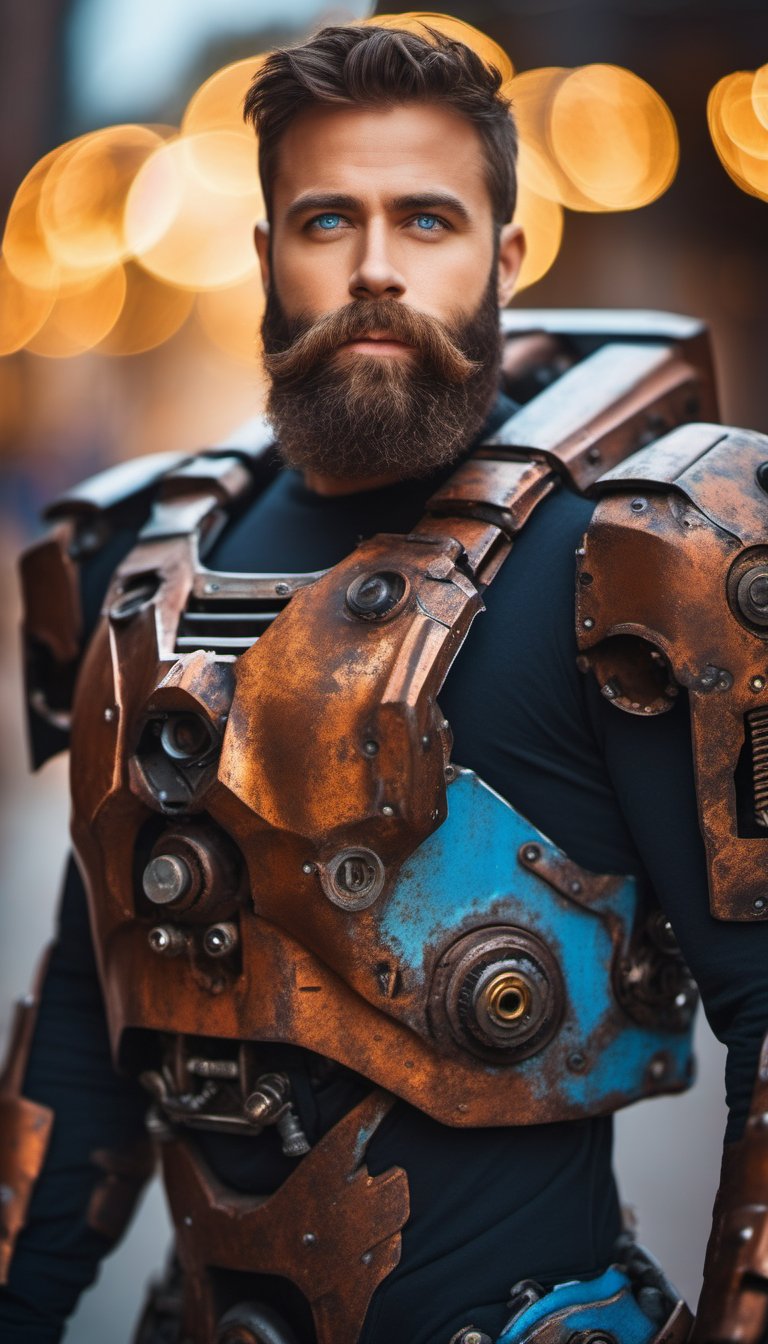 Portrait photo of muscular bearded guy in a worn mech suit, ((light bokeh)), intricate, (steel metal [rust]), elegant, sharp focus, photo by greg rutkowski, soft lighting, vibrant colors, (masterpiece), ((streets)), (detailed face:1.2), (glowing blue eyes:1.1)