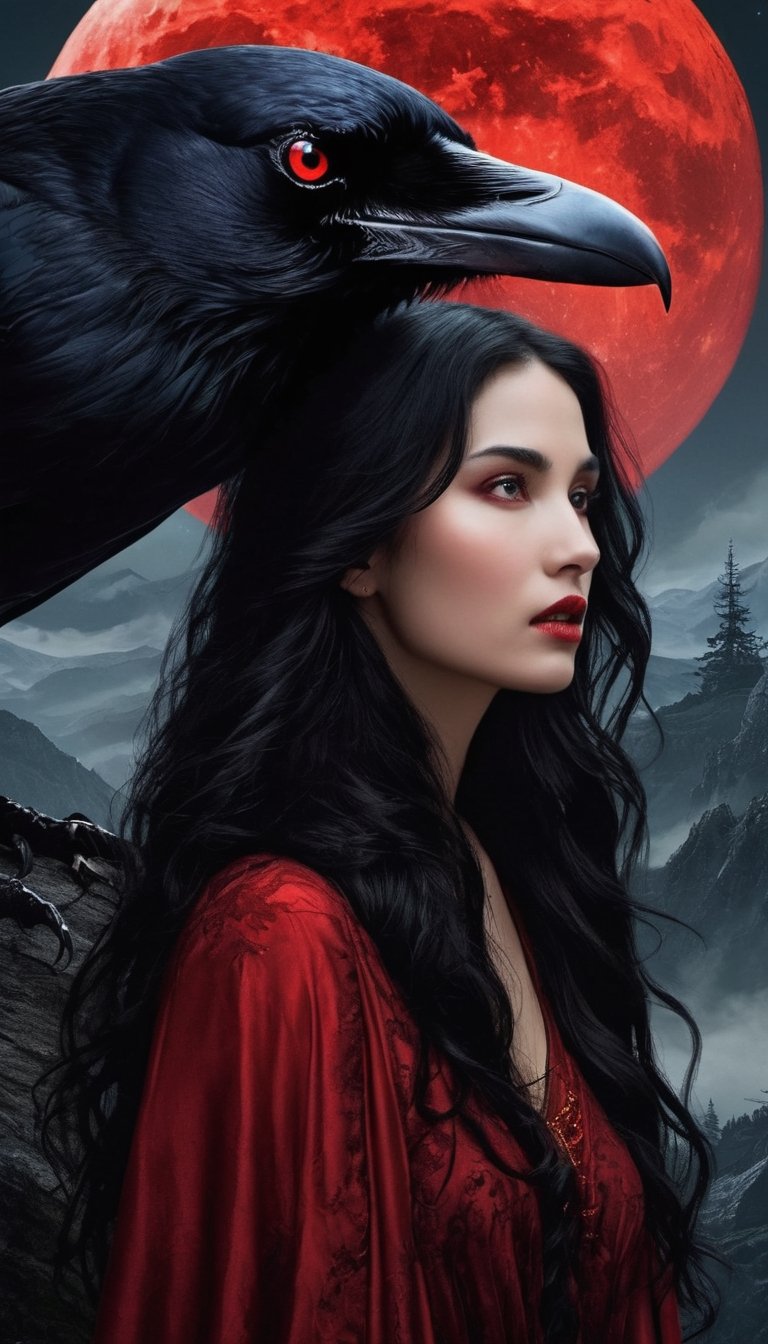 In a scene reminiscent of a fairy tale, an exquisite young woman with raven-black hair and a porcelain complexion finds herself atop a mountain peak, where she encounters a nightmarish horror beast. The beast's twisted form, illuminated by a blood-red moon, is the stuff of nightmares. Yet, in a surprising turn of events, the girl, with a look of compassion in her eyes, leans in to kiss the beast's monstrous snout. The eerie moonlight bathes the scene in an unsettling crimson glow, creating a captivating juxtaposition of beauty and terror.