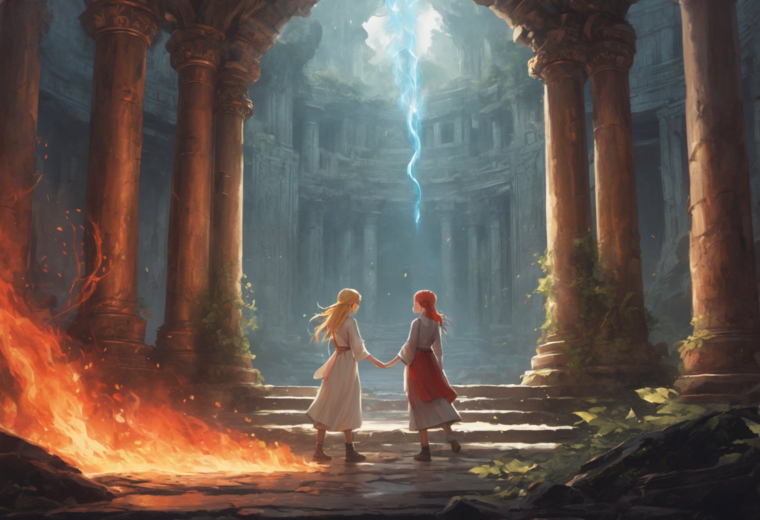 In a washed-out watercolor style, two girls with glowing hair, one white and one red, hug and kiss in the ruins of an ancient temple. The temple is bathed in soft light from a nearby fire, and the girls' clothes are ripped and stained. The scene is mysterious and atmospheric, with a long fire dragon circling overhead. BREAK The girls are young and beautiful, with innocent faces and shining eyes. The temple is overgrown with vines and moss, and the ruins are crumbling. The fire dragon is a symbol of power and danger, but it also seems to be protecting the girls. The circle on the ground is a magical symbol, and the dripping paint suggests that the girls are creating something new and powerful. BREAK The overall atmosphere of the painting is one of hope, love, and magic. It is a reminder that even in the darkest of times, there is always beauty and possibility.