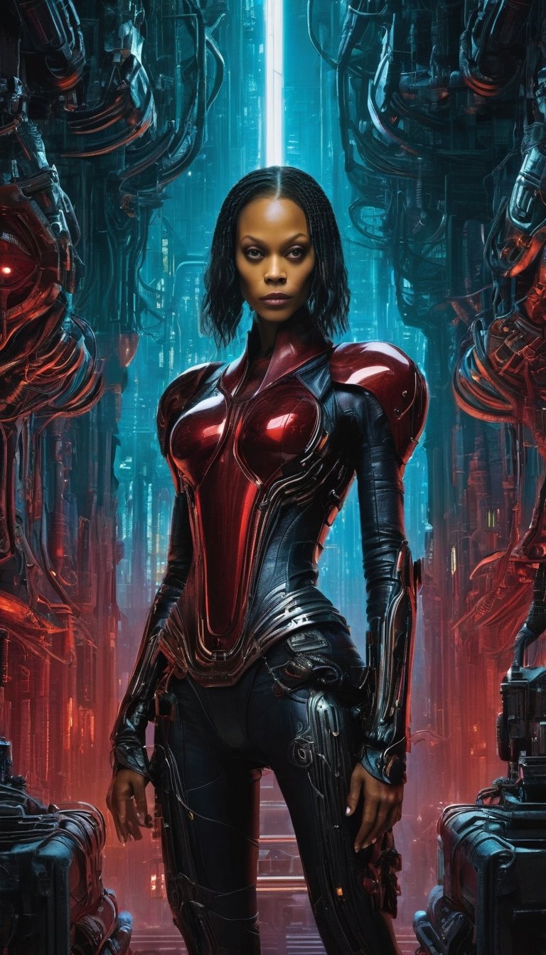 In a nightmarish biomechanical realm inspired by H.R. Giger, Zoe Saldana embodies a fearsome cyborg assassin. Sinister biomechanical structures envelop her as she gazes toward the viewer. Her face implants mirror the eerie, greenish light, imbuing an otherworldly aura. The detailed backdrop is a surreal cyberpunk weapon shop with an epic composition that conjures a feeling of dread, all in shades of red and blue.