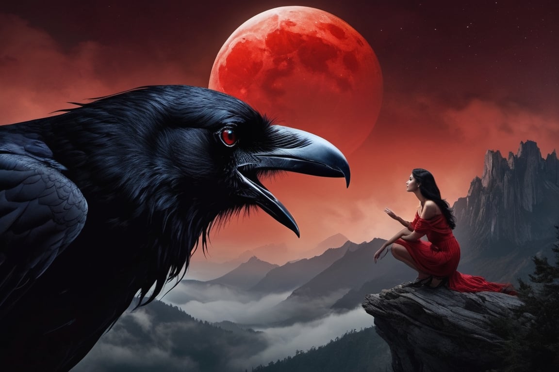 In a scene reminiscent of a fairy tale, an exquisite young woman with raven-black hair and a porcelain complexion finds herself atop a mountain peak, where she encounters a nightmarish horror beast. The beast's twisted form, illuminated by a blood-red moon, is the stuff of nightmares. Yet, in a surprising turn of events, the girl, with a look of compassion in her eyes, leans in to kiss the beast's monstrous snout. The eerie moonlight bathes the scene in an unsettling crimson glow, creating a captivating juxtaposition of beauty and terror.