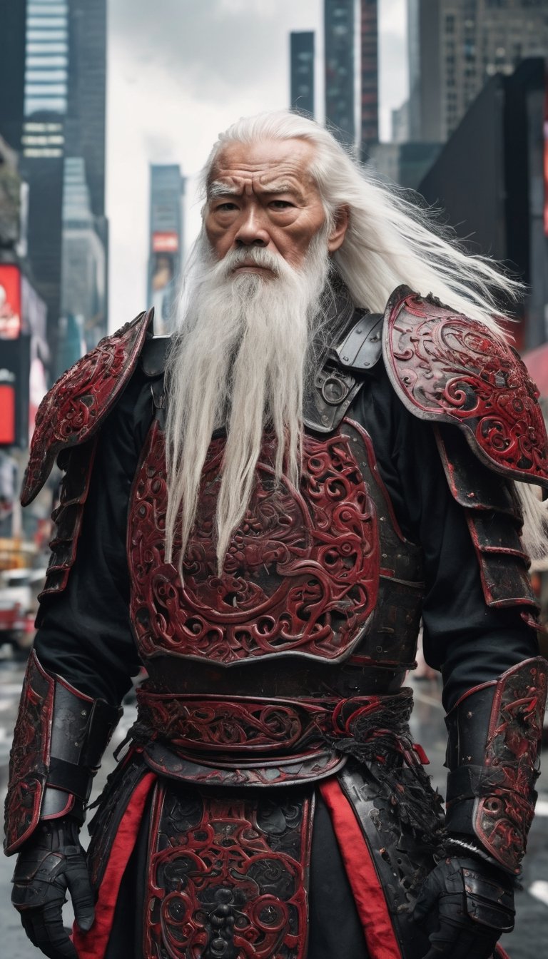 streetview portrait photograph of an old man with long white hair and long white beard looking at the viewer with a sad look in his eyes as if his soul was torn out, he is a warrior wearing black mechanical armor, (Gusoku Style Armor, black, red details, red inlays:1.3), intricate details, medium shot, slightly above view, side view, apocalyptical science fictional city street resembling times square, wartorn ruins, devastation, vines, vegetation, deep dark lightning, rule of thirds, ultra detailed, ultra realistic, epic composition, dimly lit