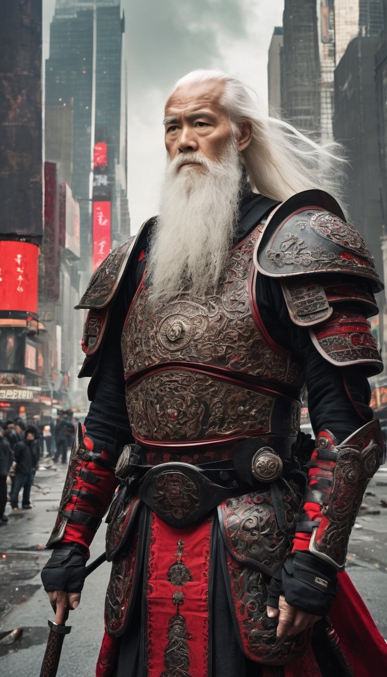 streetview portrait photograph of an old man with long white hair and long white beard looking at the viewer with a sad look in his eyes as if his soul was torn out, he is a warrior wearing black mechanical armor, (Gusoku Style Armor, black, red details, red inlays:1.3), intricate details, medium shot, slightly above view, side view, apocalyptical science fictional city street resembling times square, wartorn ruins, devastation, vines, vegetation, deep dark lightning, rule of thirds, ultra detailed, ultra realistic, epic composition, dimly lit