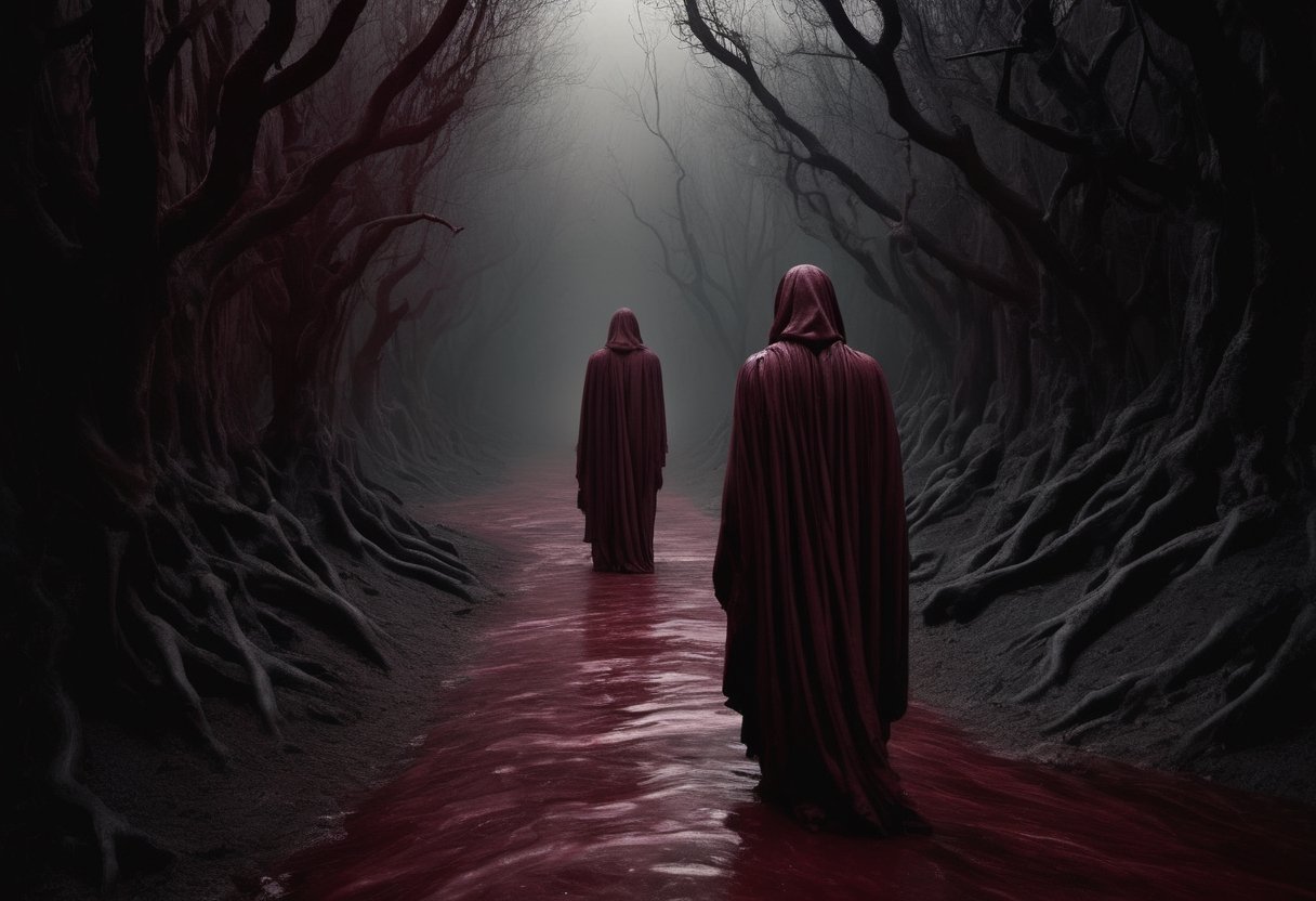 In this contemporary concept art photograph, we descend into Dante's "Inferno." A somber palette of deep burgundy and charcoal paints the grim landscape of Limbo. Souls, yearning for salvation, cast eerie shadows. Classical philosophers, Plato and Aristotle, emerge from the obscurity, illuminated by a ghostly, soft light. The image marries modern aesthetics with timeless themes, capturing their flowing robes and ethereal essence. It's a portal to Dante's world through a contemporary lens, weaving a bridge across eras while preserving the enduring intrigue of the human soul's harrowing journey through the afterlife.