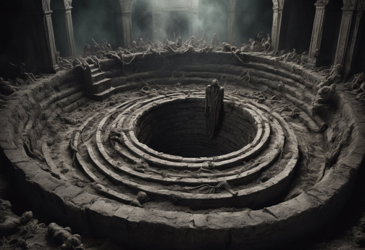 In this macabre photograph, the sixth circle of Hell unveils its grotesque labyrinth—the Malebolge, sinister and labyrinthine. Ten concentric ditches carve a hellish pit, each a twisted realm of treachery and deceit. Sinners writhe in torment, whipped by demons, immersed in filth, or imprisoned in burning tombs, their agony tailored to their perfidious acts. It's a haunting tableau of duplicity, a grotesque symphony of fraud and malevolence, where the vilest secrets of the human soul are eternally exposed in the unforgiving spotlight of hellfire.