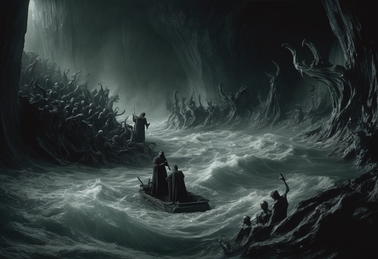 In this nightmarish photograph, Dante's fifth circle of Hell is unveiled—a chilling domain of Wrath. Upon the turbulent surface of the River Styx, the wrathful souls wage ceaseless war, their furious battles a ghastly spectacle. Meanwhile, submerged beneath its murky depths, the sullen souls languish in a watery tomb of perpetual gloom. The haunting scene depicts a relentless cycle of rage and apathy, where anger's fiery fury and numbing indifference converge to ensnare tormented souls in a timeless abyss of suffering.