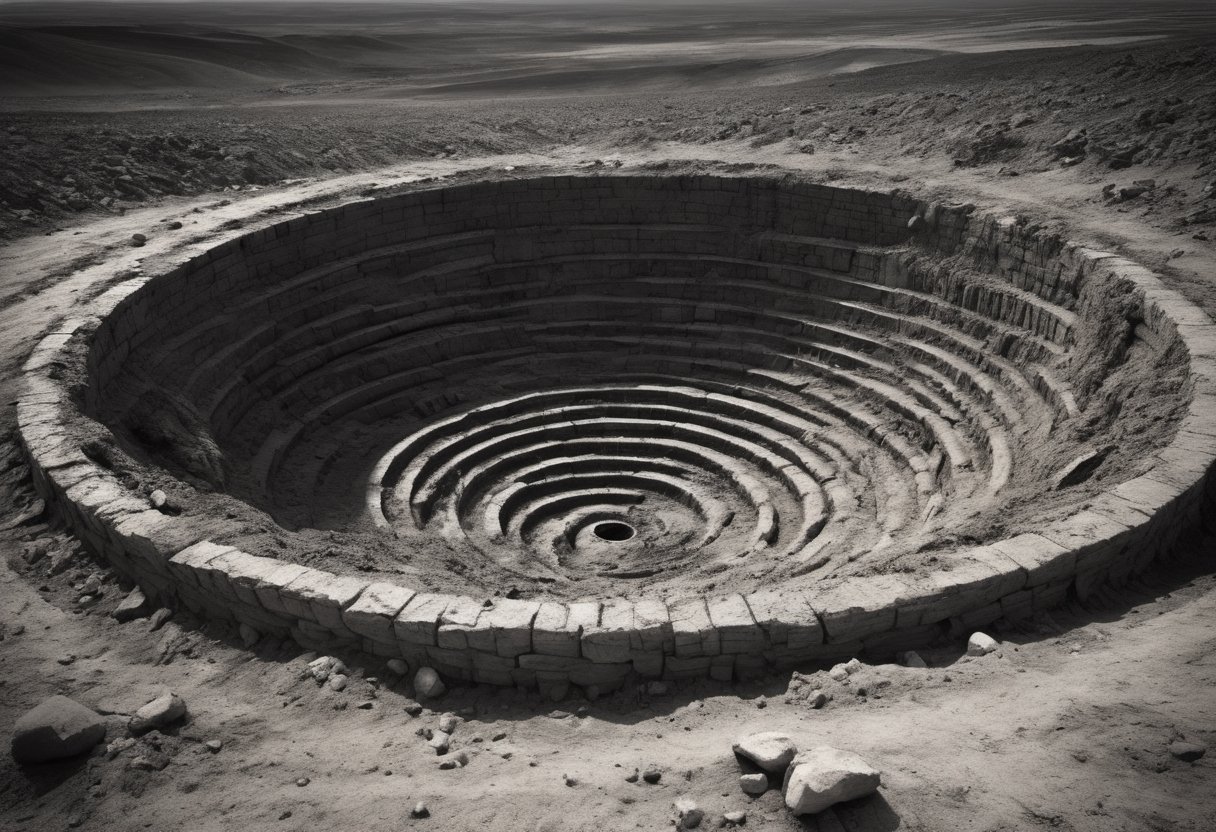 In this nightmarish photograph, the eighth circle of Hell is unveiled—a forsaken wasteland where treachery consumes the soul. Ten concentric ditches carve a hellish pit, each a twisted realm of treachery and deceit. Sinners writhe in torment, whipped by demons, immersed in filth, or imprisoned in burning tombs, their agony tailored to their perfidious acts. It's a haunting tableau of duplicity, a grotesque symphony of fraud and malevolence, where the vilest secrets of the human soul are eternally exposed in the unforgiving spotlight of hellfire.