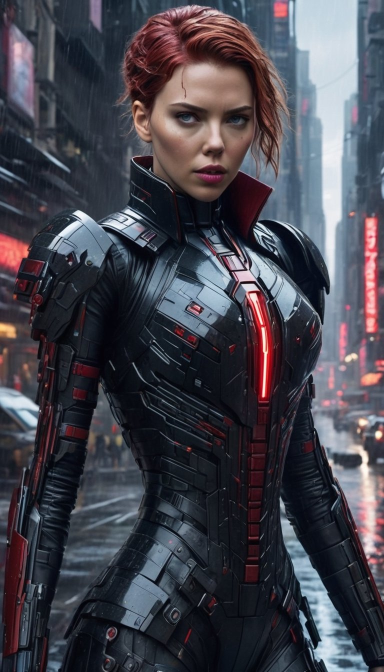 In a rain-soaked nanopunk cityscape, Scarlett Johansson embodies the essence of a cyberpunk femme fatale with an android like face. The scene is enveloped in dramatic, underexposed lighting, casting a monochromatic hue over the ultra-realistic city. Scarlett's attire, intricately detailed cyborg style black and red armor with nanotech enhancements, is a testament to her style. Her expression exudes an enigmatic allure, adding depth to the cinematic precision of the action-packed background, where every nanobot and hologram is rendered with hyper-detailed precision.