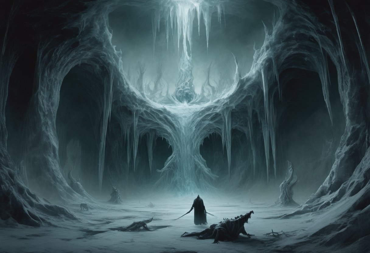 In this bone-chilling photograph, the ninth circle of Hell, Cocytus, reveals its icy heart—a forsaken wasteland where treachery consumes the soul. A frozen lake, shrouded in darkness, cradles the damned. Sinners, betrayed by their very essence, lie entombed in the unforgiving ice. This spectral realm, divided into four insidious regions, is a symphony of betrayal's depths. Here, Brutus, Cassius, and Satan himself are trapped in the frozen abyss. It's a haunting image of eternal suffering, where treachery's icy grasp never relents, and the soul withers in the void of ultimate betrayal.