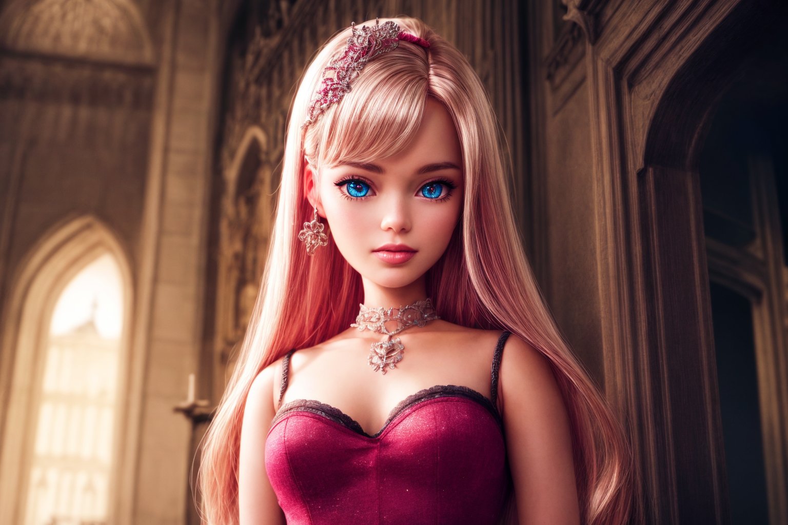 barbie, (in front of a castle), cinematic lighting, octane render, higly detailed, high resolution illustration, intricate details, best illumination, best shadow, cinematic lighting, dark, complicated_background