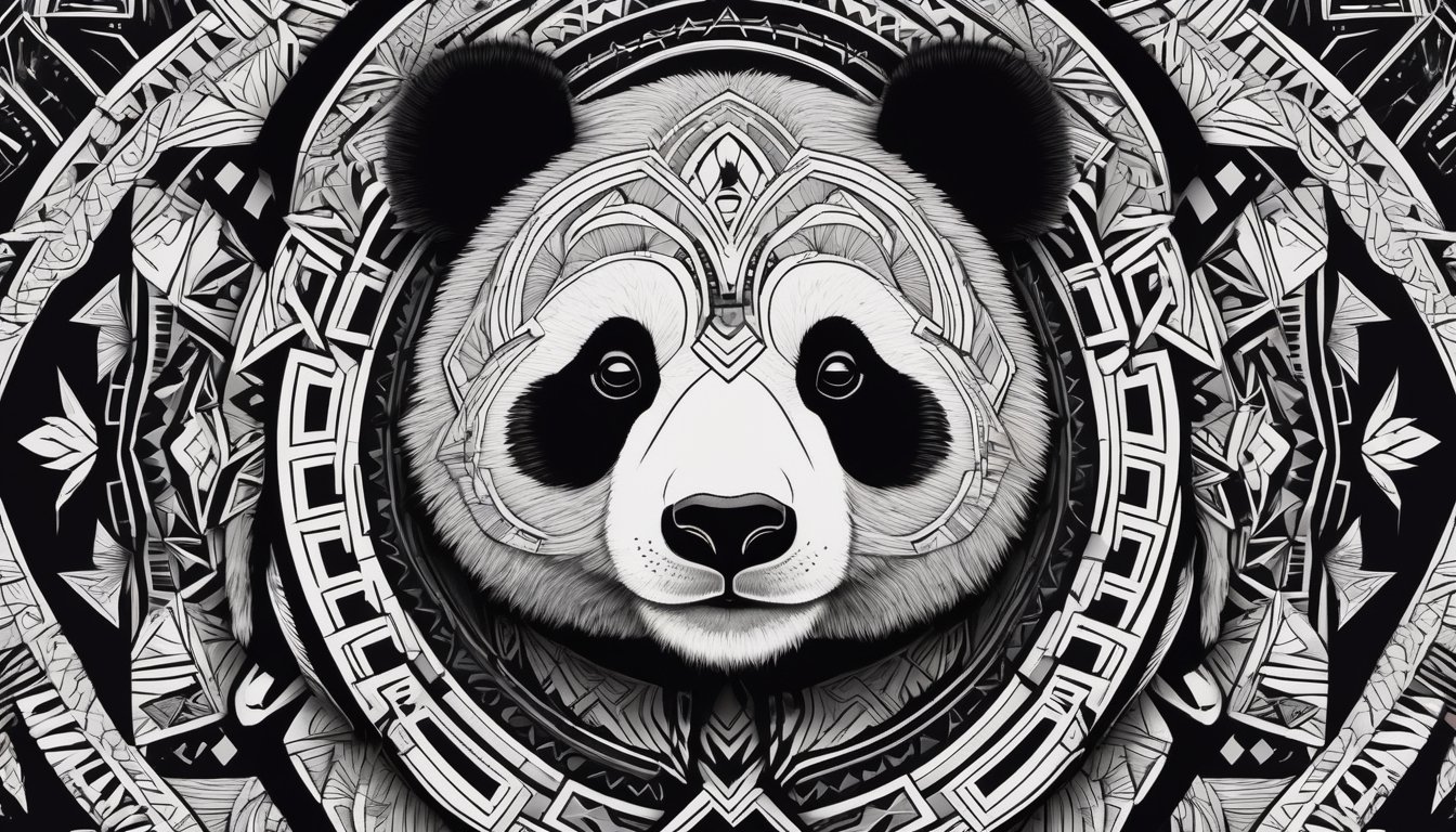 Create an illustration of Tribal Spirit Animals: Tribal Art, showcasing an intricately detailed spirit animal panda in a powerful and mysterious style. The high-contrast design incorporates geometric patterns and bold linework to craft a striking and impactful composition. Against a black background, this 8k, ready-to-print illustration features a hand-drawn panda in simple vector form, emphasizing black and white with a few carefully chosen colors and numerous shades. The result is an artwork characterized by clean, sharp lines that exude a captivating tribal aesthetic.