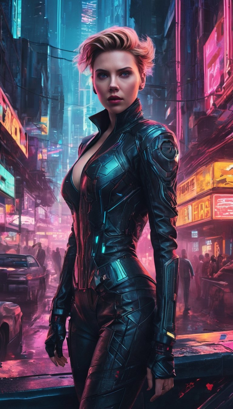 Amidst the neon chaos of an '80s-inspired nanopunk city, Scarlett Johansson metamorphoses into the embodiment of a cyberpunk femme fatale. Envision her poised on the ledge of a building, gazing down at the bustling streets below. The scene radiates a retro-futuristic charm, illuminated by glitchy neon lighting that bathes everything in an enigmatic glow. Scarlett's presence is nothing short of enigmatic, her attire a blend of vintage and futuristic elements. The hyper-detailed, action-packed background boasts cinematic composition and raytracing, offering a glimpse into the thrilling world of '80s cyberpunk.