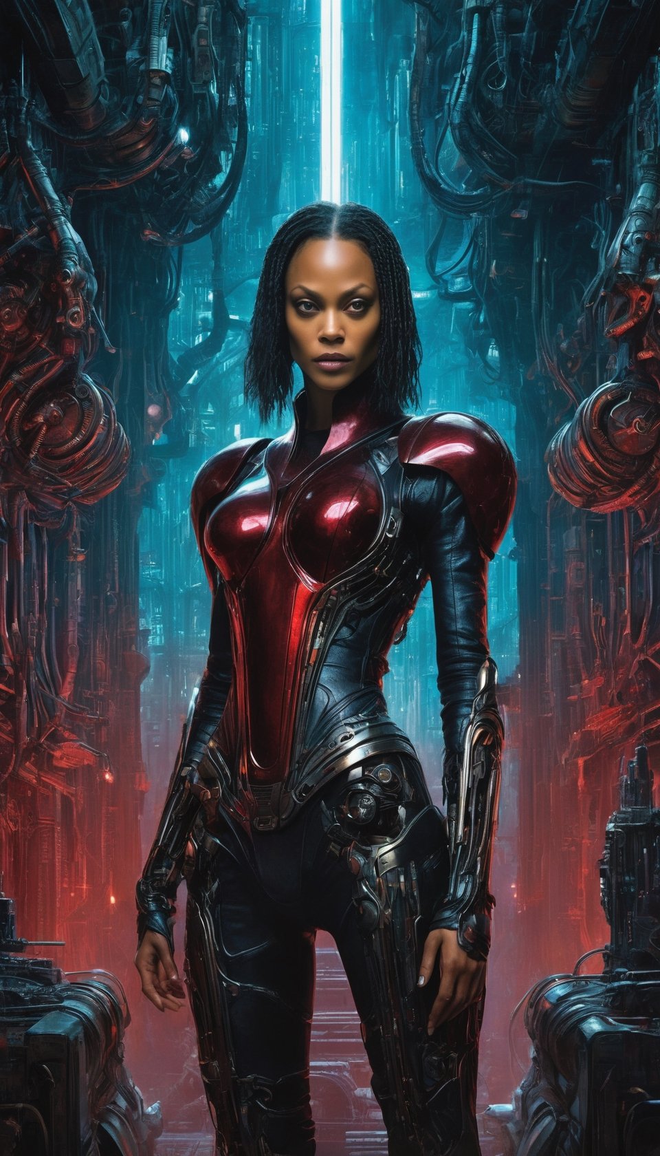 In a nightmarish biomechanical realm inspired by H.R. Giger, Zoe Saldana embodies a fearsome cyborg assassin. Sinister biomechanical structures envelop her as she gazes toward the viewer. Her face implants mirror the eerie, greenish light, imbuing an otherworldly aura. The detailed backdrop is a surreal cyberpunk weapon shop with an epic composition that conjures a feeling of dread, all in shades of red and blue.