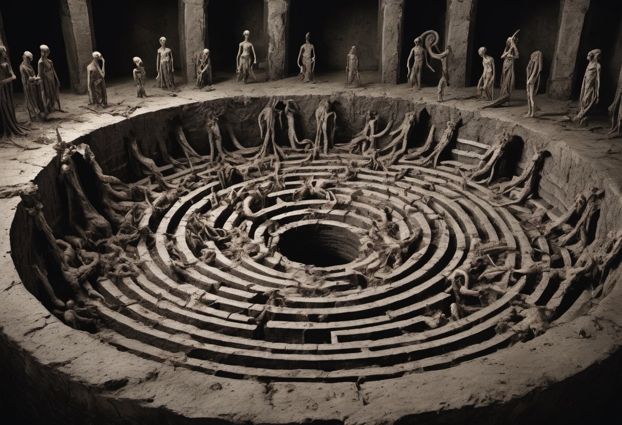 In this macabre photograph, the sixth circle of Hell unveils its grotesque labyrinth—the Malebolge, sinister and labyrinthine. Ten concentric ditches carve a hellish pit, each a twisted realm of treachery and deceit. Sinners writhe in torment, whipped by demons, immersed in filth, or imprisoned in burning tombs, their agony tailored to their perfidious acts. It's a haunting tableau of duplicity, a grotesque symphony of fraud and malevolence, where the vilest secrets of the human soul are eternally exposed in the unforgiving spotlight of hellfire.