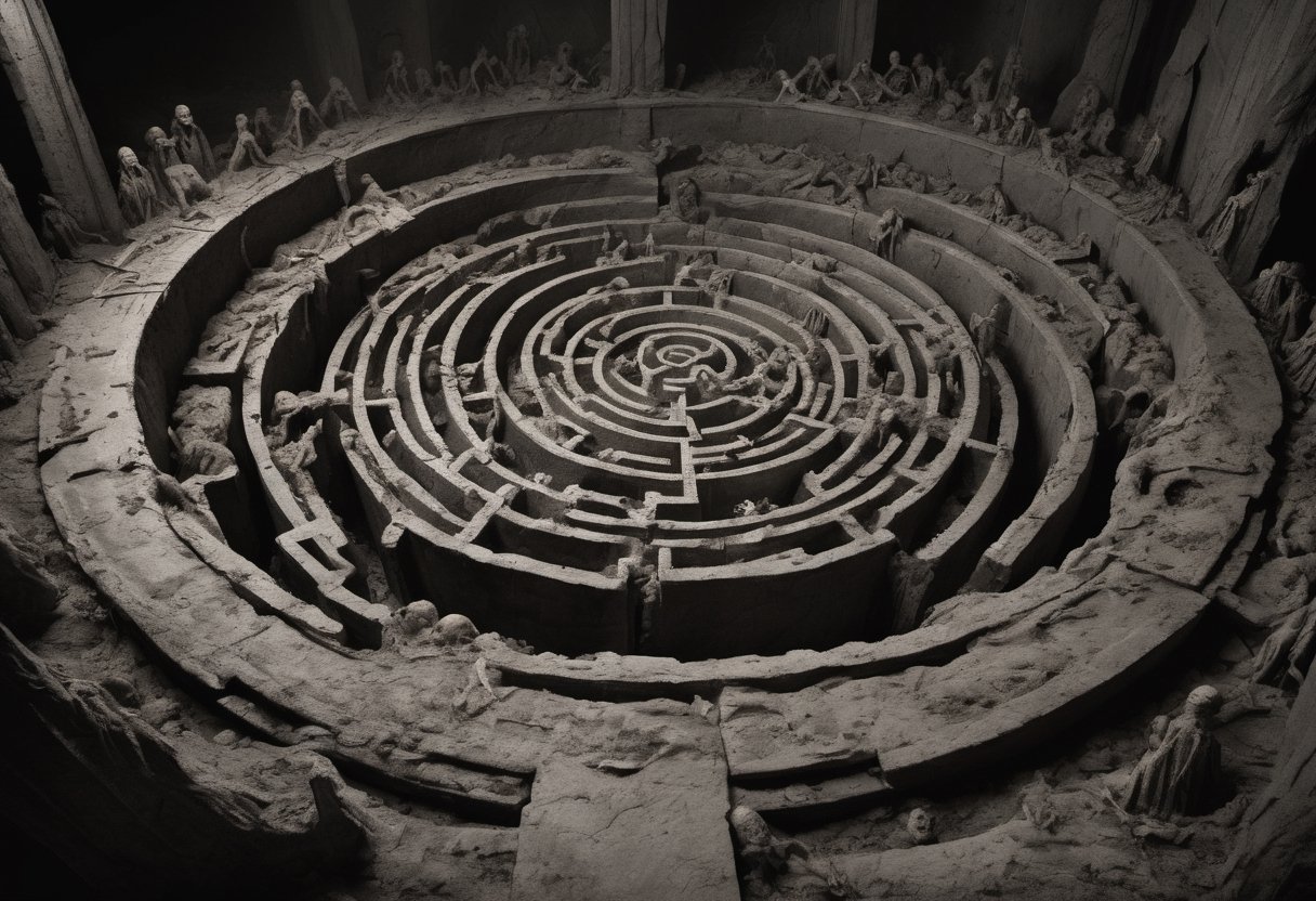 In this macabre photograph, the sixth circle of Hell unveils its grotesque labyrinth—the Malebolge, sinister and labyrinthine. Ten concentric ditches carve a hellish pit, each a twisted realm of treachery and deceit. Sinners writhe in torment, whipped by demons, immersed in filth, or imprisoned in burning tombs, their agony tailored to their perfidious acts. It's a haunting tableau of duplicity, a grotesque symphony of fraud and malevolence, where the vilest secrets of the human soul are eternally exposed in the unforgiving spotlight of hellfire.