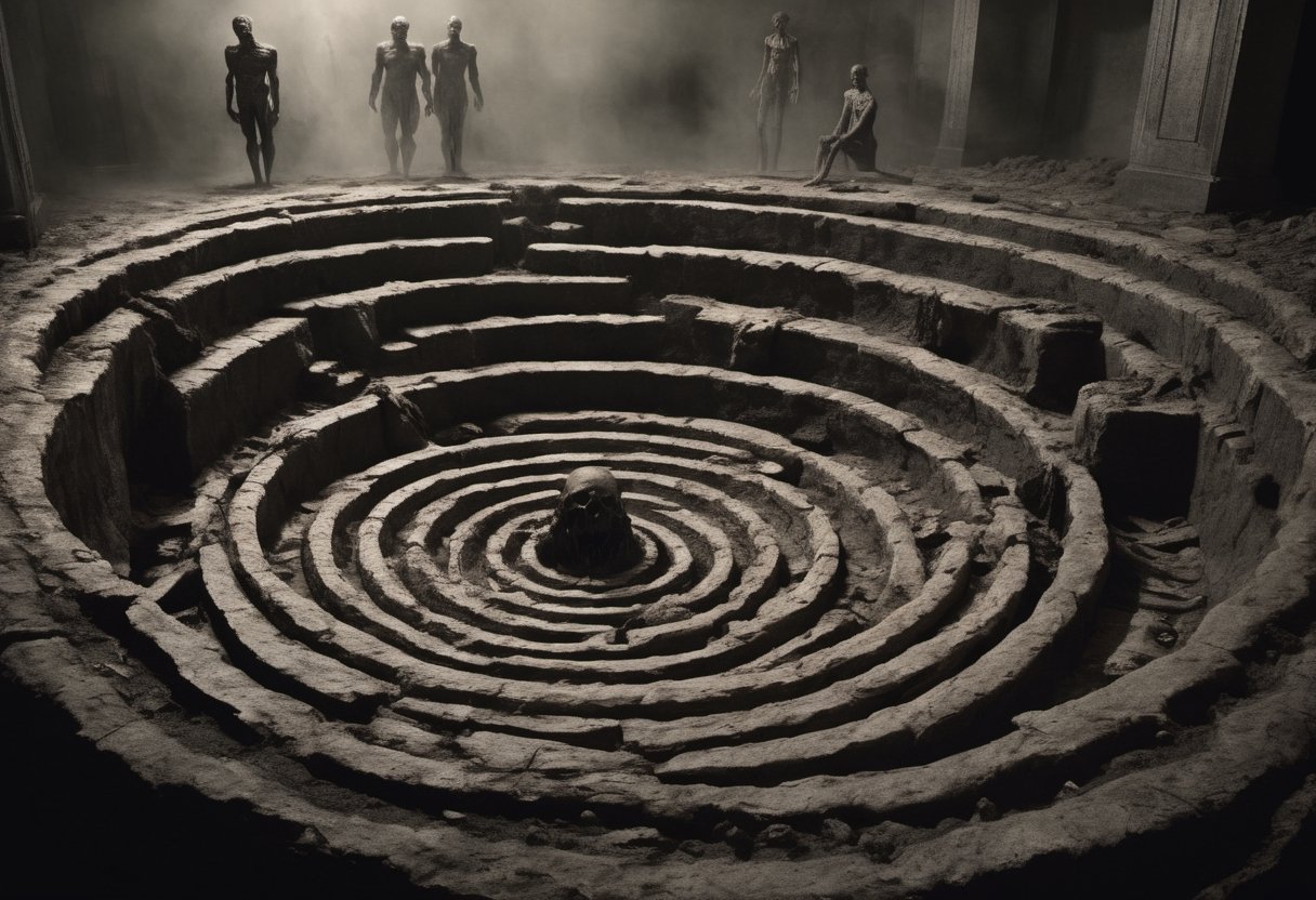 In this macabre photograph, the sixth circle of Hell unveils its grotesque labyrinth—the Malebolge, sinister and labyrinthine. Ten concentric ditches carve a hellish pit, each a twisted realm of treachery and deceit. Sinners writhe in torment, whipped by demons, immersed in filth, or imprisoned in burning tombs, their agony tailored to their perfidious acts. It's a haunting tableau of duplicity, a grotesque symphony of fraud and malevolence, where the vilest secrets of the human soul are eternally exposed in the unforgiving spotlight of hellfire.