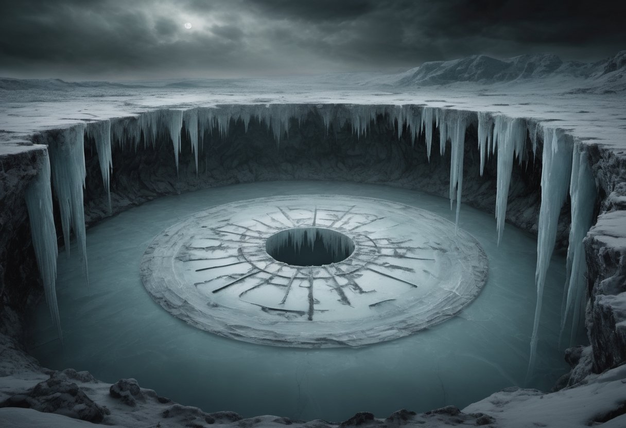 In this bone-chilling photograph, the ninth circle of Hell, Cocytus, reveals its icy heart—a forsaken wasteland where treachery consumes the soul. A frozen lake, shrouded in darkness, cradles the damned. Sinners, betrayed by their very essence, lie entombed in the unforgiving ice. This spectral realm, divided into four insidious regions, is a symphony of betrayal's depths. Here, Brutus, Cassius, and Satan himself are trapped in the frozen abyss. It's a haunting image of eternal suffering, where treachery's icy grasp never relents, and the soul withers in the void of ultimate betrayal.