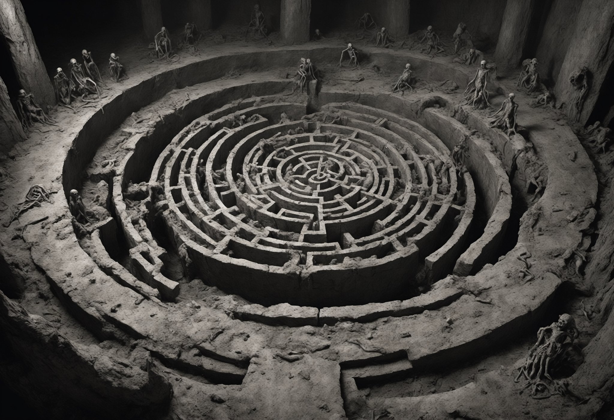 In this macabre photograph, the sixth circle of Hell unveils its grotesque labyrinth—the Malebolge, sinister and labyrinthine. Ten concentric ditches carve a hellish pit, each a twisted realm of treachery and deceit. Sinners writhe in torment, whipped by demons, immersed in filth, or imprisoned in burning tombs, their agony tailored to their perfidious acts. It's a haunting tableau of duplicity, a grotesque symphony of fraud and malevolence, where the vilest secrets of the human soul are eternally exposed in the unforgiving spotlight of hellfire.