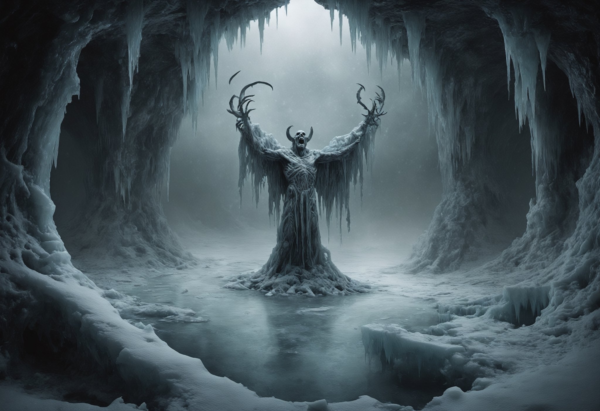 In this bone-chilling photograph, the ninth circle of Hell, Cocytus, reveals its icy heart—a forsaken wasteland where treachery consumes the soul. A frozen lake, shrouded in darkness, cradles the damned. Sinners, betrayed by their very essence, lie entombed in the unforgiving ice. This spectral realm, divided into four insidious regions, is a symphony of betrayal's depths. Here, Brutus, Cassius, and Satan himself are trapped in the frozen abyss. It's a haunting image of eternal suffering, where treachery's icy grasp never relents, and the soul withers in the void of ultimate betrayal.