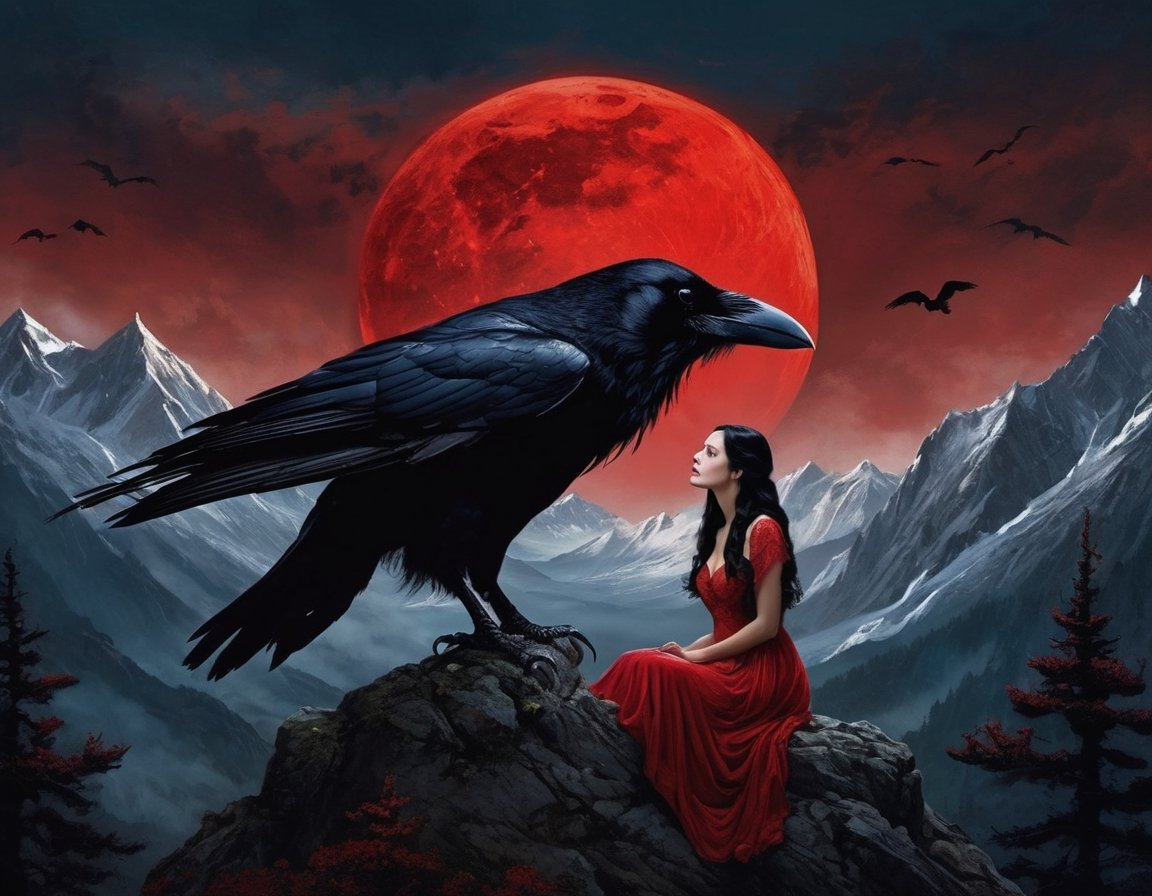 In a scene reminiscent of a fairy tale, an exquisite young woman with raven-black hair and a porcelain complexion finds herself atop a mountain peak, where she encounters a nightmarish horror beast. The beast's twisted form, illuminated by a blood-red moon, is the stuff of nightmares. Yet, in a surprising turn of events, the girl, with a look of compassion in her eyes, leans in to kiss the beast's monstrous snout. The eerie moonlight bathes the scene in an unsettling crimson glow, creating a captivating juxtaposition of beauty and terror.