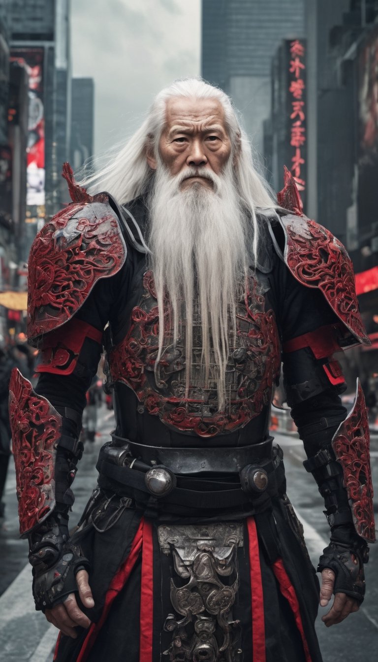 streetview portrait photograph of an old man with long white hair and long white beard looking at the viewer with a sad look in his eyes as if his soul was torn out, he is a warrior wearing black mechanical armor, (Gusoku Style Armor, black, red details, red inlays:1.3), intricate details, medium shot, slightly above view, side view, apocalyptical science fictional city street resembling times square, wartorn ruins, devastation, vines, vegetation, deep dark lightning, rule of thirds, ultra detailed, ultra realistic, epic composition, dimly lit