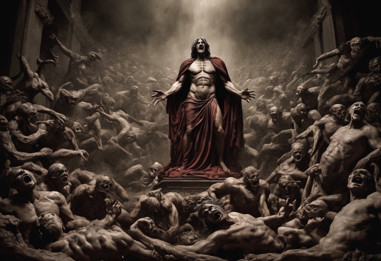 In this chilling photograph, Dante's fourth circle of Hell unfolds—a nightmarish theater of insatiable Greed. Twisted souls, eternally trapped, are separated into warring factions. Each group endlessly shoves colossal burdens, driven by their relentless thirst for wealth. A cacophony of curses and taunts fills the air as they collide in an unending frenzy. The malevolent presence of Plutus, the god of wealth, looms ominously. This image is a stark reminder of the haunting consequences of unquenchable greed, a nightmare etched in suffering and avarice.