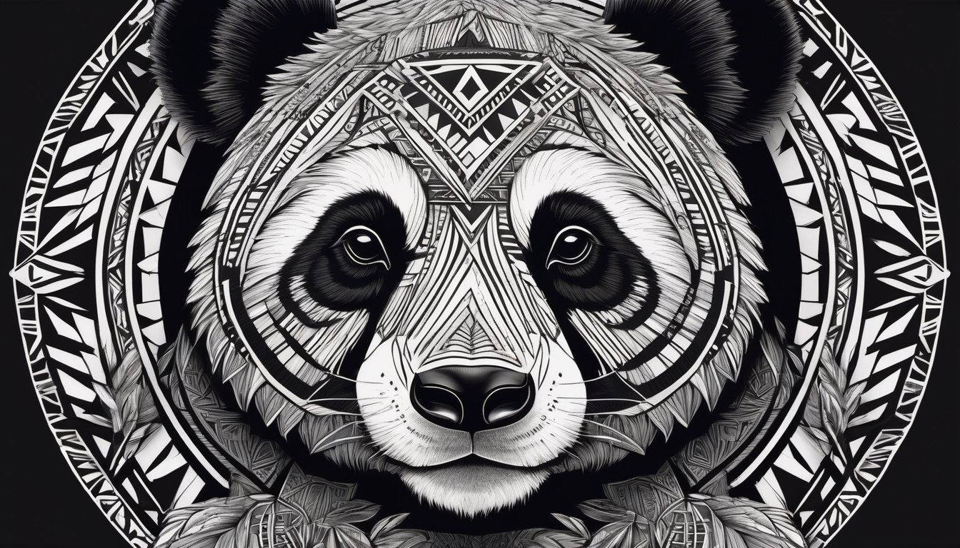 Create an illustration of Tribal Spirit Animals: Tribal Art, showcasing an intricately detailed spirit animal panda in a powerful and mysterious style. The high-contrast design incorporates geometric patterns and bold linework to craft a striking and impactful composition. Against a black background, this 8k, ready-to-print illustration features a hand-drawn panda in simple vector form, emphasizing black and white with a few carefully chosen colors and numerous shades. The result is an artwork characterized by clean, sharp lines that exude a captivating tribal aesthetic.