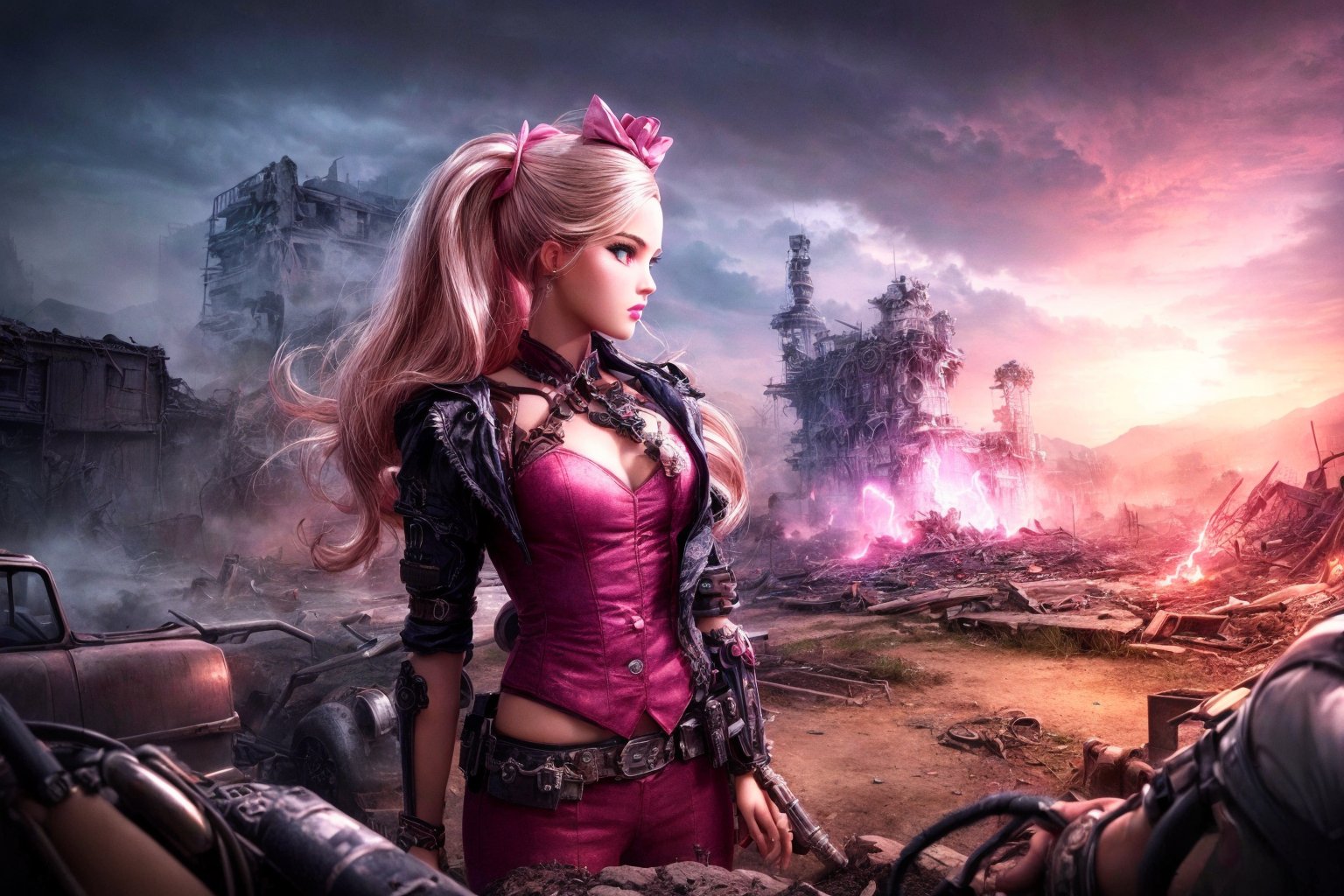 ((steampunk barbie) wearing a (pink suit:1.2):1.2), (in front of a postapocalyptic steampunk city, exploration, cinematic, realistic, hyper detailed, photorealistic maximum detail, volumetric light, (((focus))), wide-angle, (((brightly lit))), (((vegetation))), lightning, vines, destruction, devastation, wartorn, ruins, complicated_background), cinematic lighting, octane render, higly detailed, high resolution illustration, intricate details, best illumination, best shadow, cinematic lighting, dark, epic composition