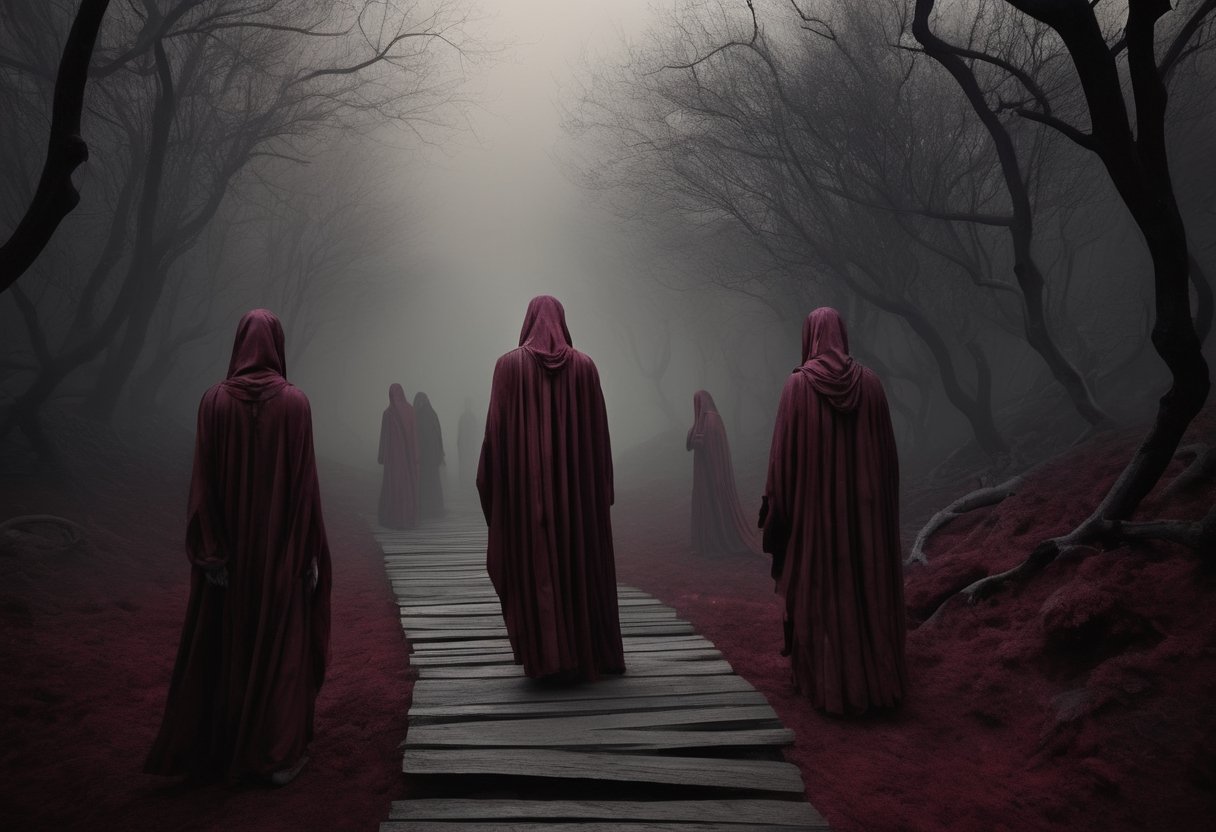 In this contemporary concept art photograph, we descend into Dante's "Inferno." A somber palette of deep burgundy and charcoal paints the grim landscape of Limbo. Souls, yearning for salvation, cast eerie shadows. Classical philosophers, Plato and Aristotle, emerge from the obscurity, illuminated by a ghostly, soft light. The image marries modern aesthetics with timeless themes, capturing their flowing robes and ethereal essence. It's a portal to Dante's world through a contemporary lens, weaving a bridge across eras while preserving the enduring intrigue of the human soul's harrowing journey through the afterlife.