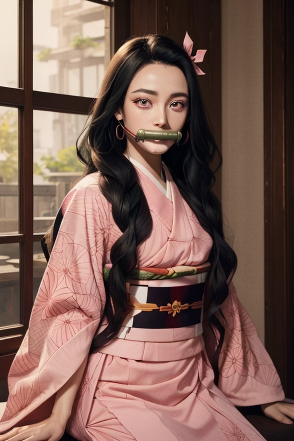 (((masterpiece))), nezukokamado, nezuko kamado, bamboo, (bit gag:1.5), black hair, (forehead:1.5), gag, gagged, hair ribbon, long hair, multicolored hair, (pink eyes:1.5), orange hair, slit pupils, wavy hair, two-tone hair, BREAK asa no ha (pattern), checkered sash, haori, japanese clothes, kimono, long sleeves, obi, pink kimono, sash, wariza, wide sleeves, BREAK looking at viewer, BREAK indoors, BREAK, (masterpiece:1.2), best quality, high resolution, unity 8k wallpaper, (illustration:0.8), (beautiful detailed eyes:1.6), extremely detailed face, perfect lighting, extremely detailed CG, (perfect hands, perfect anatomy),