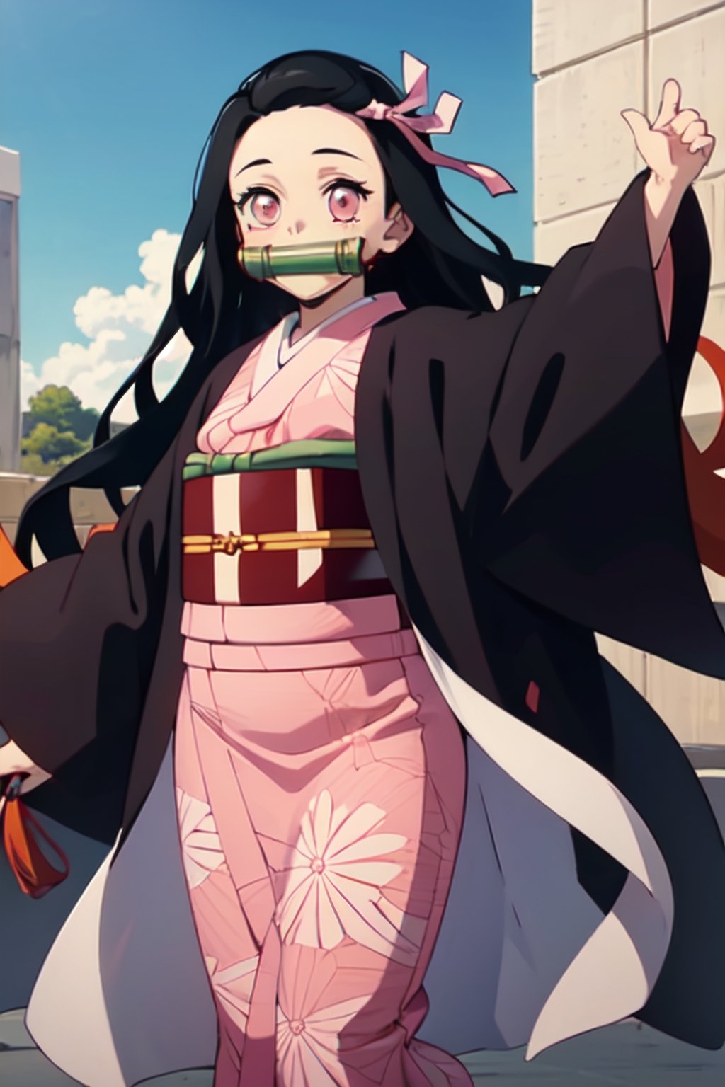 (((masterpiece))), nezuko, 1girl, black hair, forehead, hair ribbon, japanese clothes, kimono, long hair, multicolored hair, amboo, bit gag, black hair, forehead, gag, gagged,, pink eyes, pink kimono, pink ribbon, ribbon, smile, very long hair, sky,