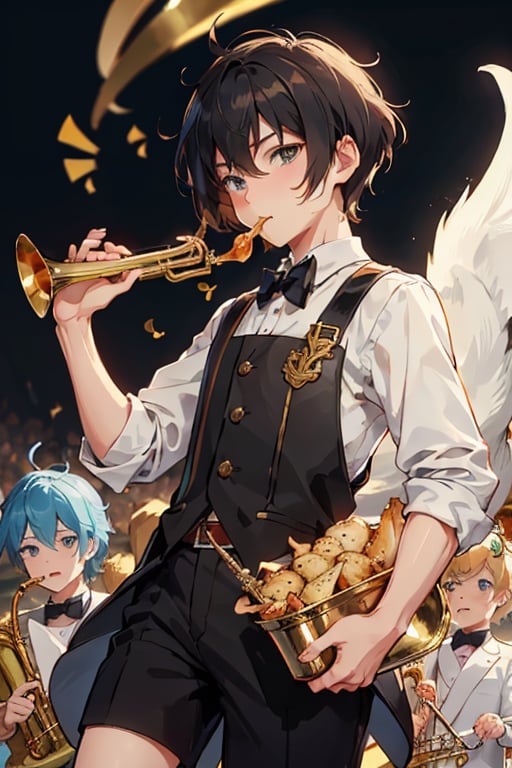 A Brass player boy that loves to eat chicken. holding a trumpet. short hair.
,cartoon ,Fionnawaifu