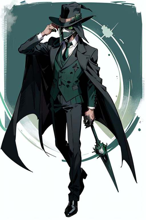 A evil plague doctor wearning a suit in tie  and has a green cape with a green top hat. theme is steam punk. wearning the plague doctor mask 
,cartoon ,Fionnawaifu