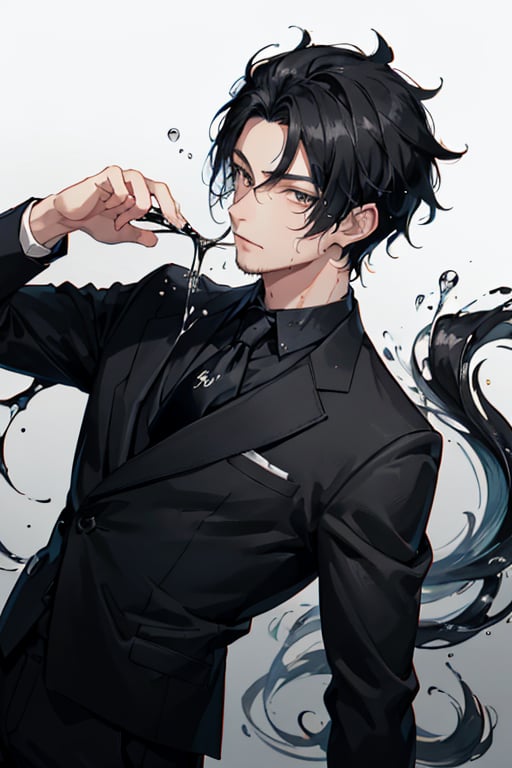 A guy with black hair and has black oil on his hair and dripping wet ink. he is a black fuigure with a suit in tie. mugshot. 
,cartoon 