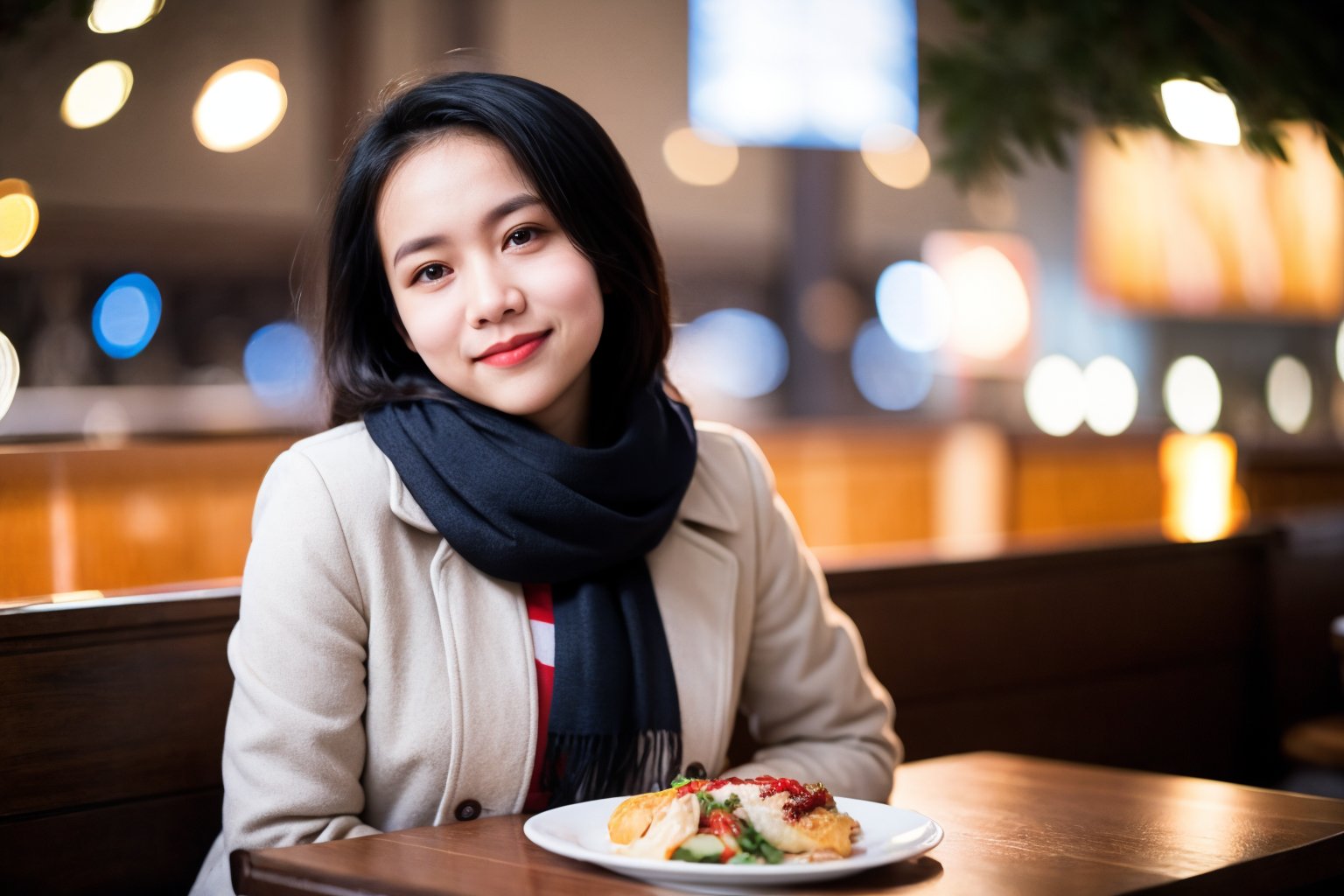 raw photo, real photo, upper body, jacket, scarf, bokeh, romantic restaurant, outdoor, light smile