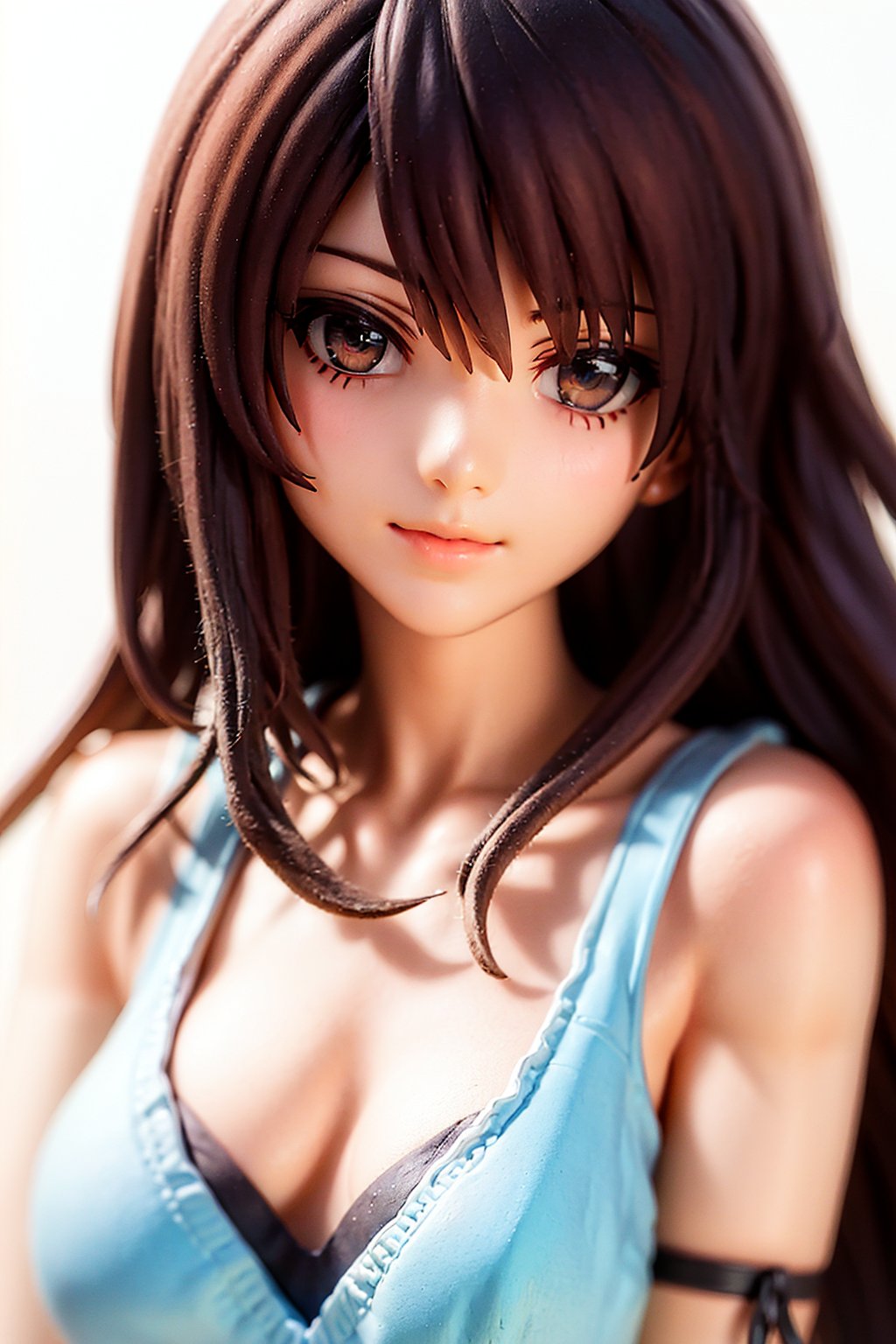 woman, rinoa, long hair, brown hair, brown eyes, blue sleeveless dress, black tank top, (arm ribbon), collarbone, looking at viewer, close-up, white background