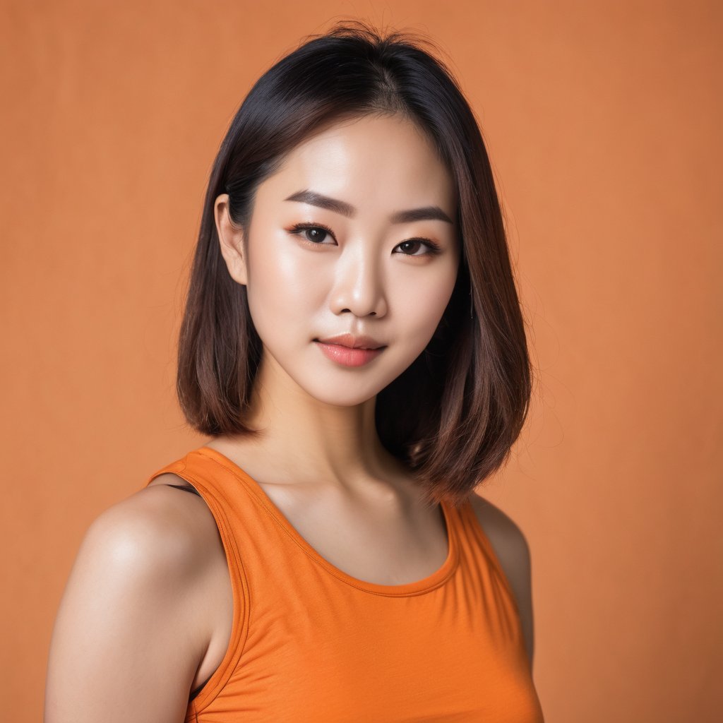 nikon RAW photo, portrait of asian woman, bob cut, brown hair, close-up, (orange tank top), curvy, (orange background)